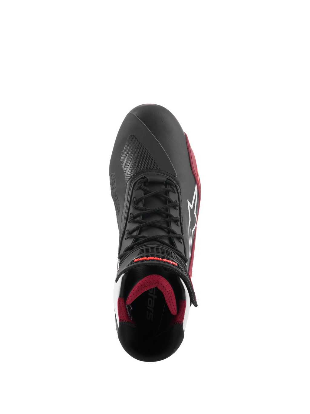 Alpinestars Faster-4 Shoes, zapatos para moto, negro, blanco y rojo oscuro, vista superior con cierre de cordones tradicional, logotipo de la estrella de Alpinestars en blanco y forro interior acolchado en rojo oscuro