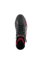 Alpinestars Faster-4 Shoes, zapatos para moto, negro, blanco y rojo oscuro, vista superior con cierre de cordones tradicional, logotipo de la estrella de Alpinestars en blanco y forro interior acolchado en rojo oscuro
