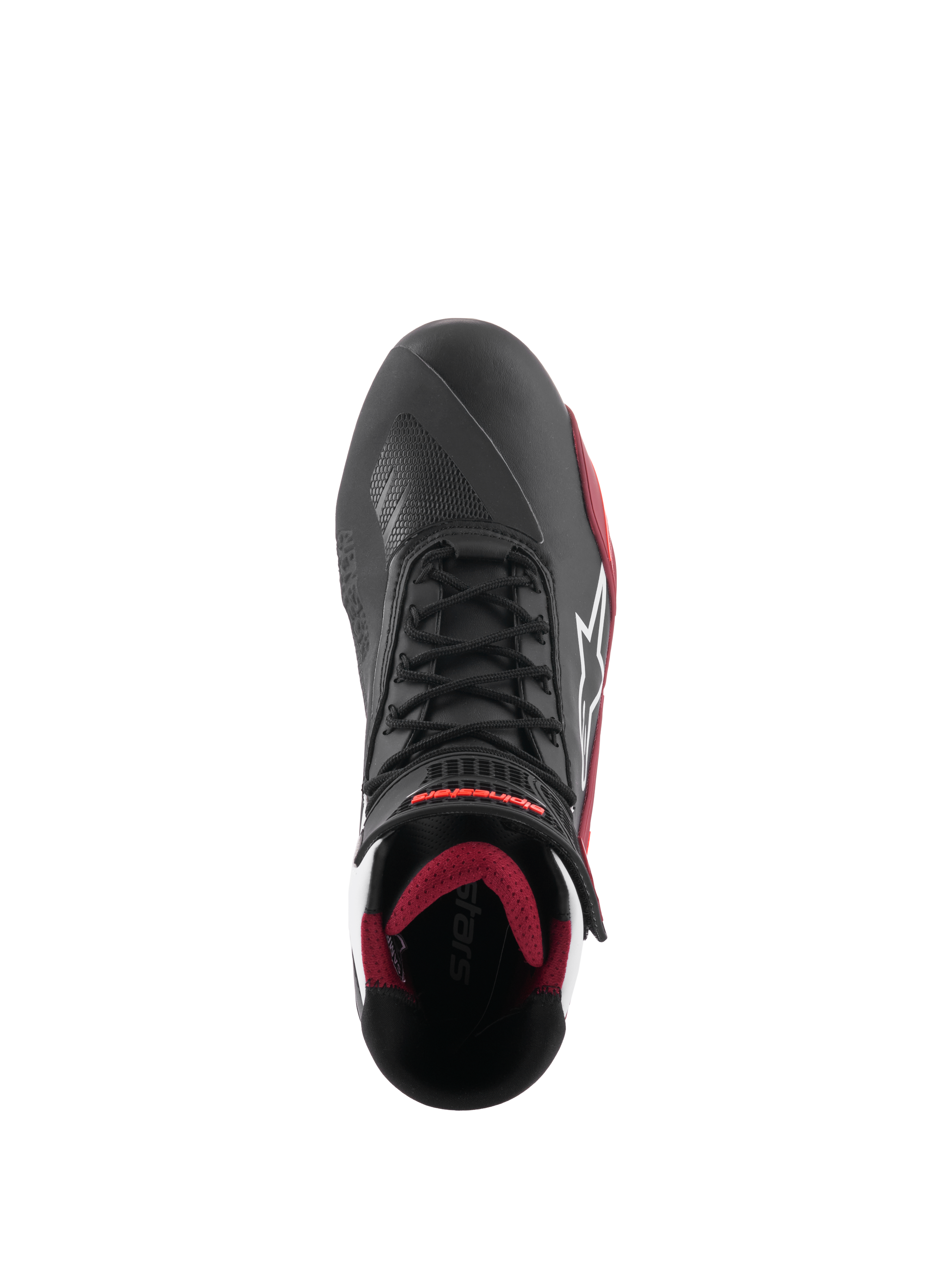 Alpinestars Faster-4 Shoes, zapatos para moto, negro, blanco y rojo oscuro, vista superior con cierre de cordones tradicional, logotipo de la estrella de Alpinestars en blanco y forro interior acolchado en rojo oscuro