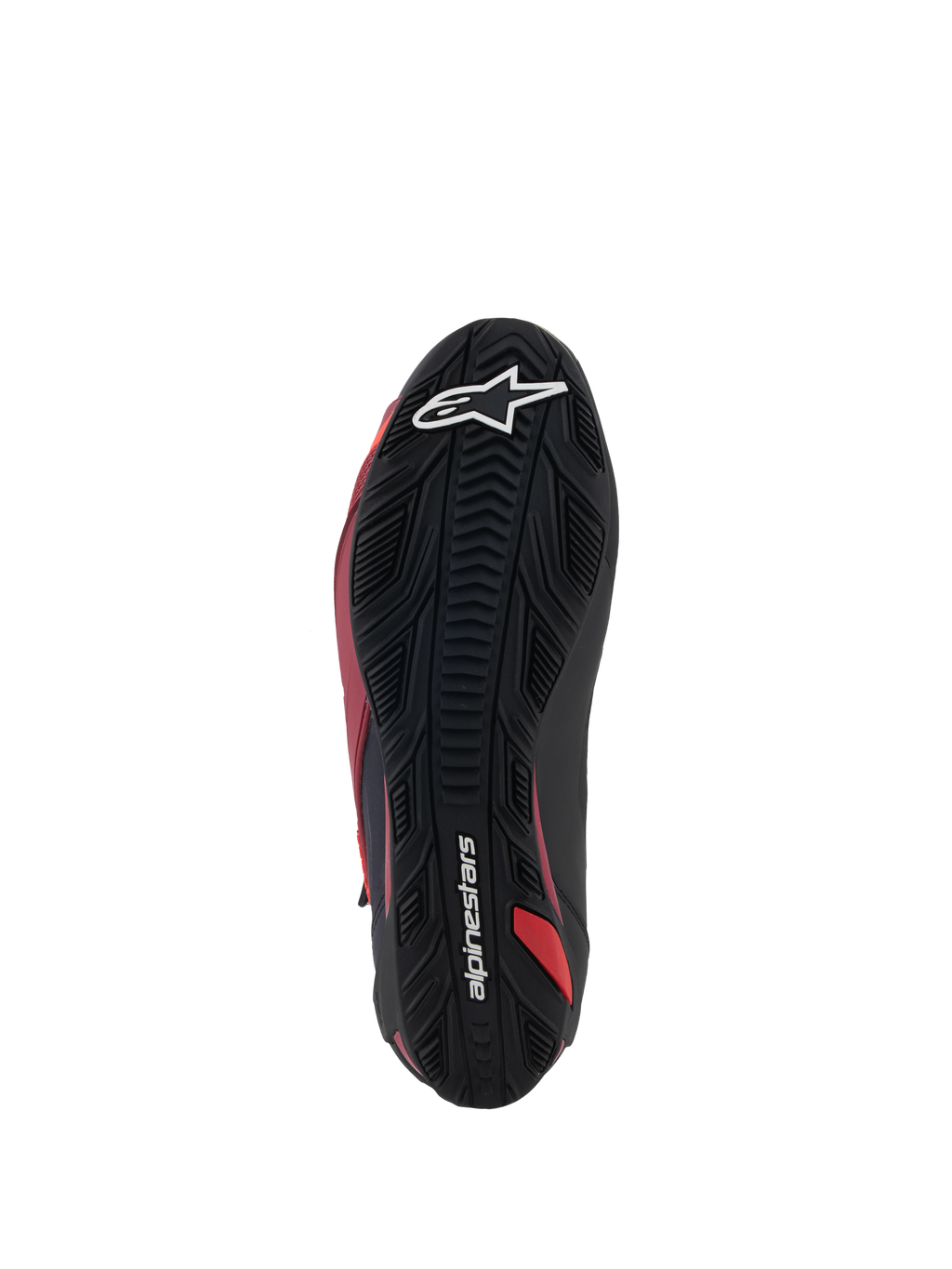 Zapatos Alpinestars Faster-4, calzado para motociclismo, negro, blanco y rojo oscuro, vista inferior de la suela de goma texturizada con el logo de la estrella blanca y la marca Alpinestars, patrón de agarre duradero para conducción de alto rendimiento en carretera