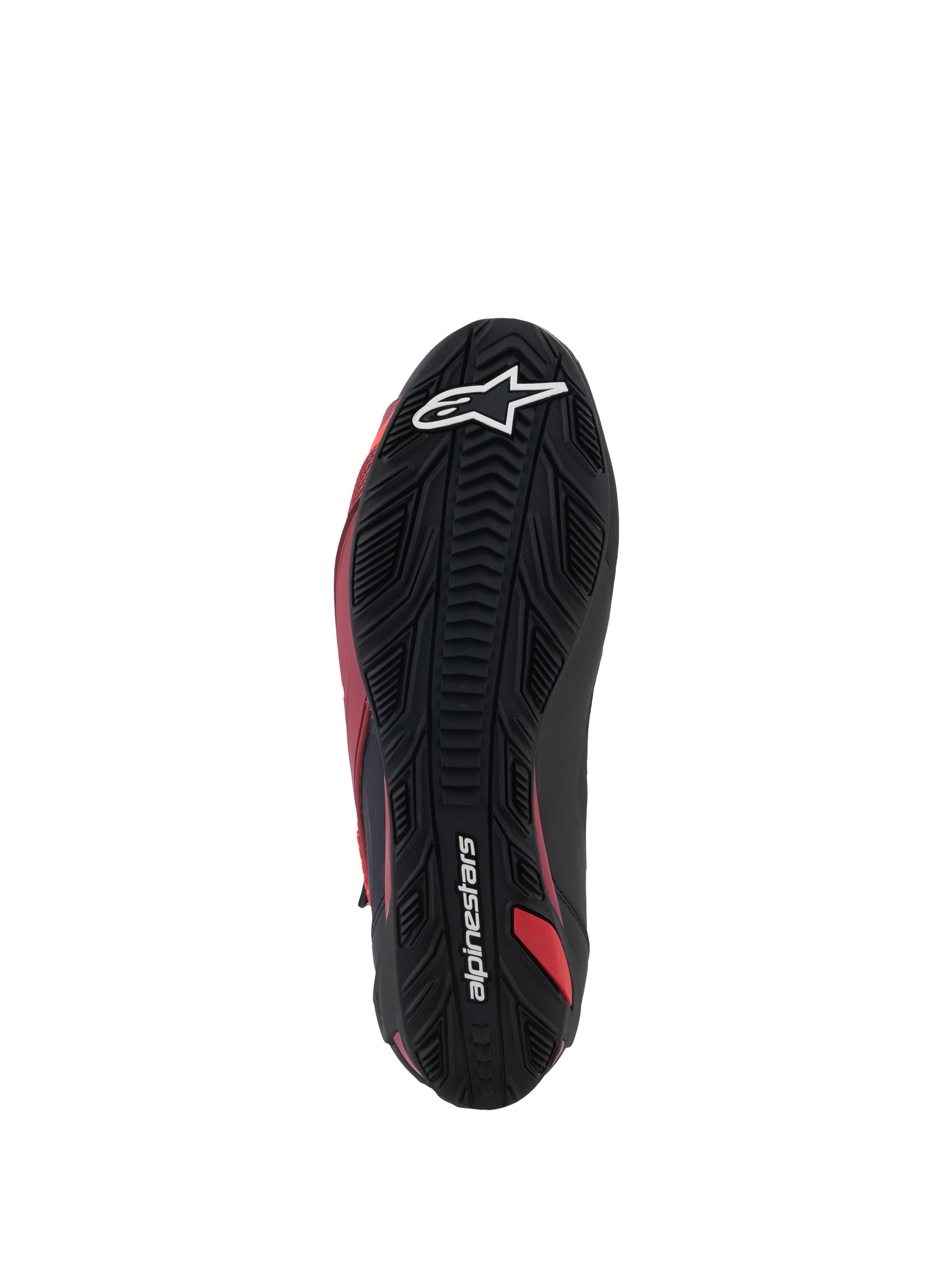 Zapatos Alpinestars Faster-4, calzado para motociclismo, negro, blanco y rojo oscuro, vista inferior de la suela de goma texturizada con el logo de la estrella blanca y la marca Alpinestars, patrón de agarre duradero para conducción de alto rendimiento en carretera