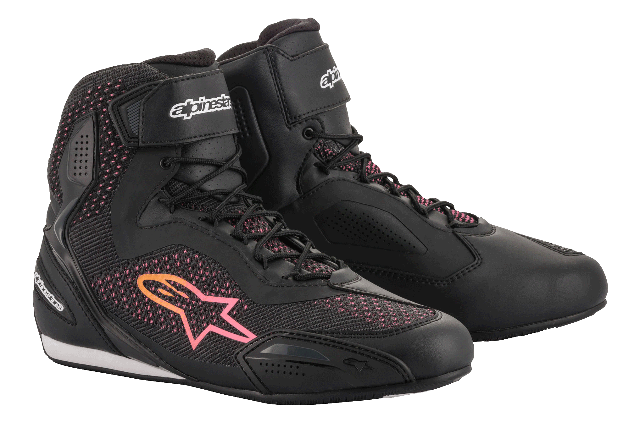Alpinestars Stella Faster-3 Rideknit® para mujer, zapatillas de moto negras con detalles en amarillo y rosa, cuentan con una parte superior de tejido transpirable, cierre de cordones con correa de velcro en el tobillo y paneles de protección reforzados