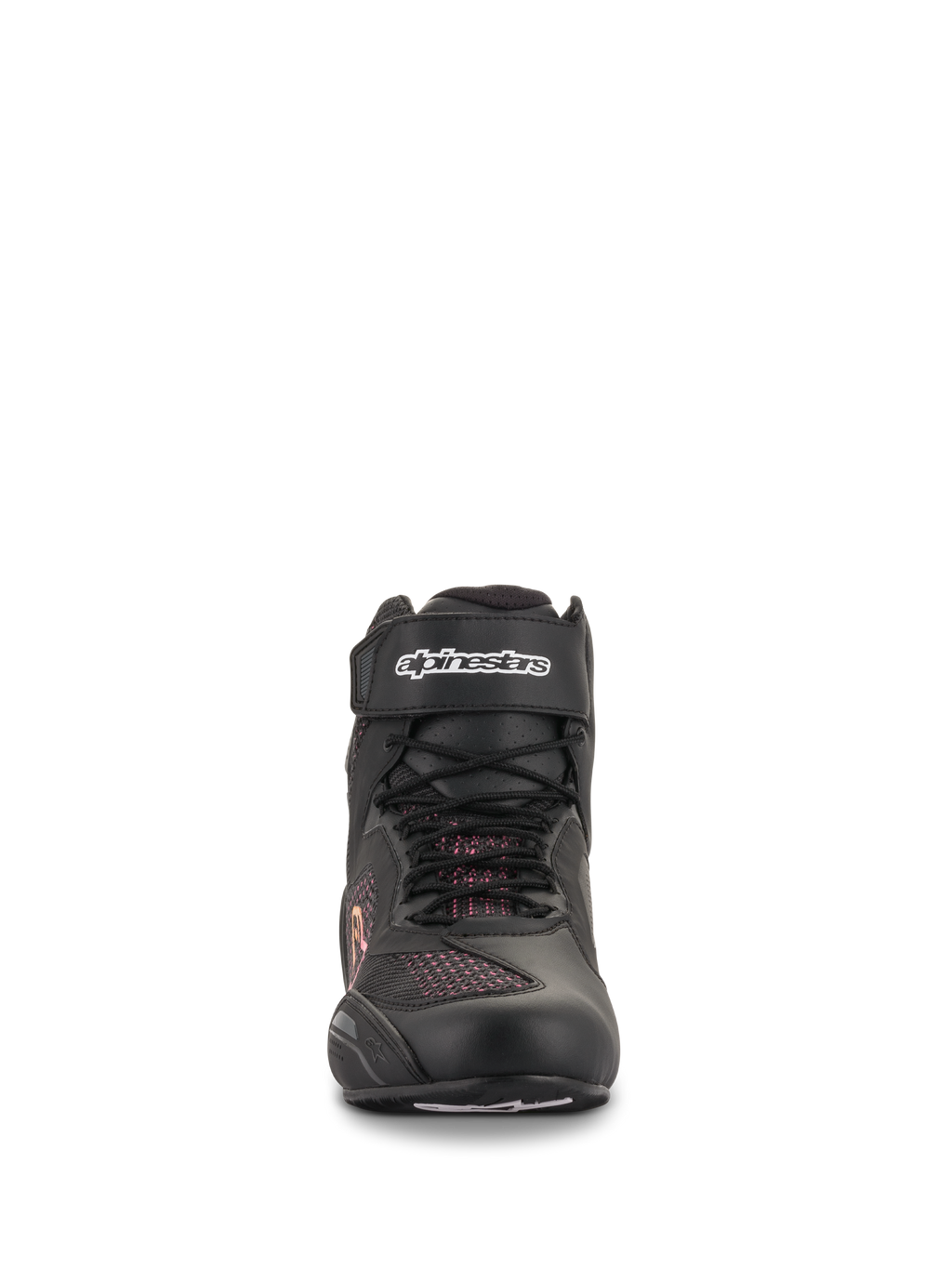 Alpinestars Stella Faster-3 Rideknit® para mujer, negro, amarillo y rosa, vista frontal que muestra la construcción de punto sin costuras, cordones y correa de velcro en el tobillo con logotipo de Alpinestars blanco, calzado de motociclismo ligero