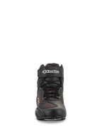 Alpinestars Stella Faster-3 Rideknit® para mujer, negro, amarillo y rosa, vista frontal que muestra la construcción de punto sin costuras, cordones y correa de velcro en el tobillo con logotipo de Alpinestars blanco, calzado de motociclismo ligero