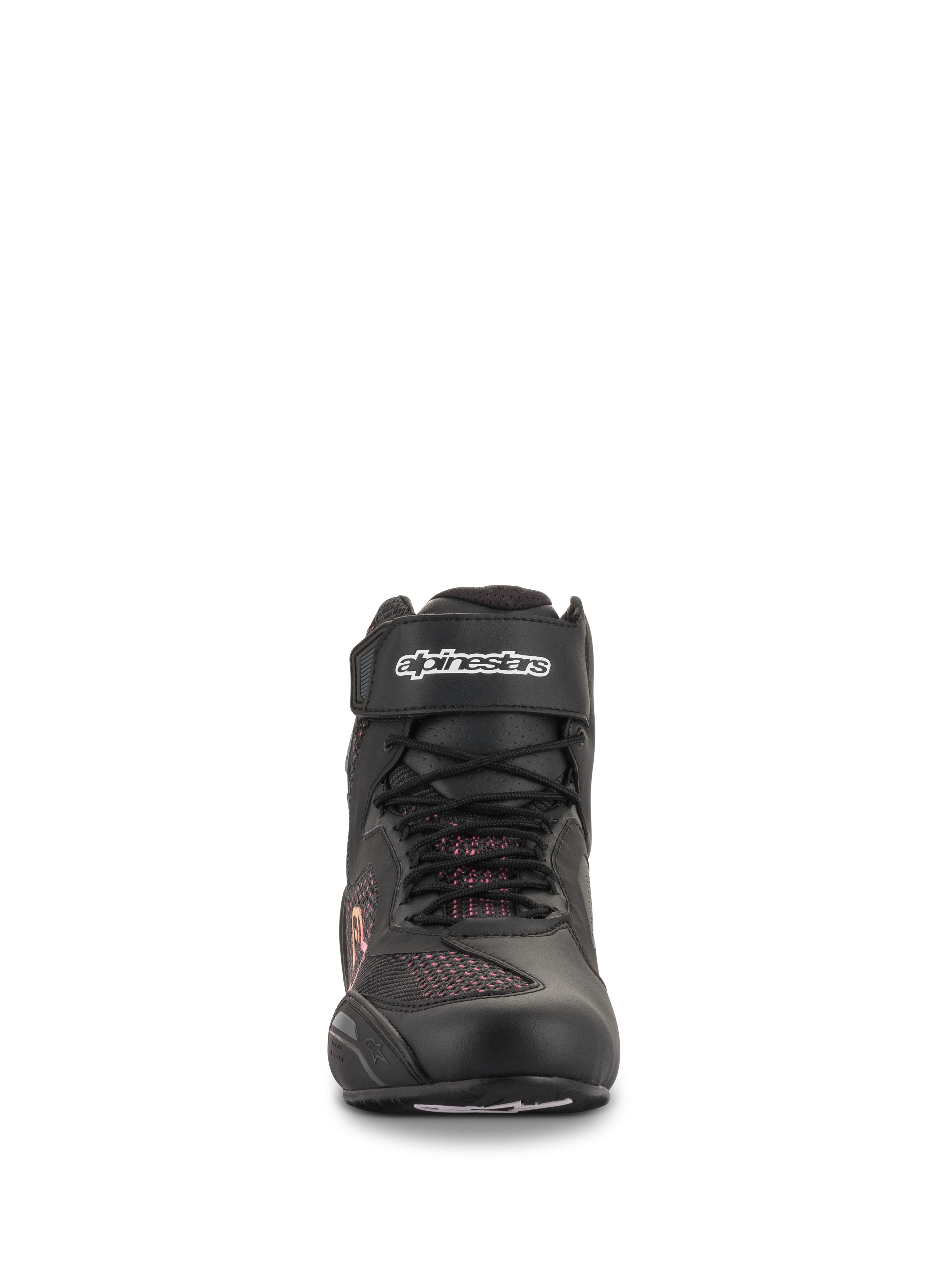 Alpinestars Stella Faster-3 Rideknit® para mujer, negro, amarillo y rosa, vista frontal que muestra la construcción de punto sin costuras, cordones y correa de velcro en el tobillo con logotipo de Alpinestars blanco, calzado de motociclismo ligero