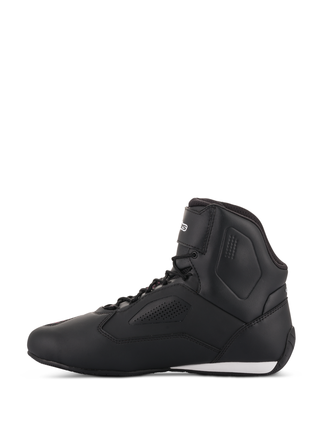 Zapatillas Alpinestars Stella Faster-3 Rideknit® para mujer, calzado de conducción para moto en negro, amarillo y rosa, vista de perfil lateral, con un diseño estilizado de caña alta con paneles perforados y un detalle blanco en el talón.