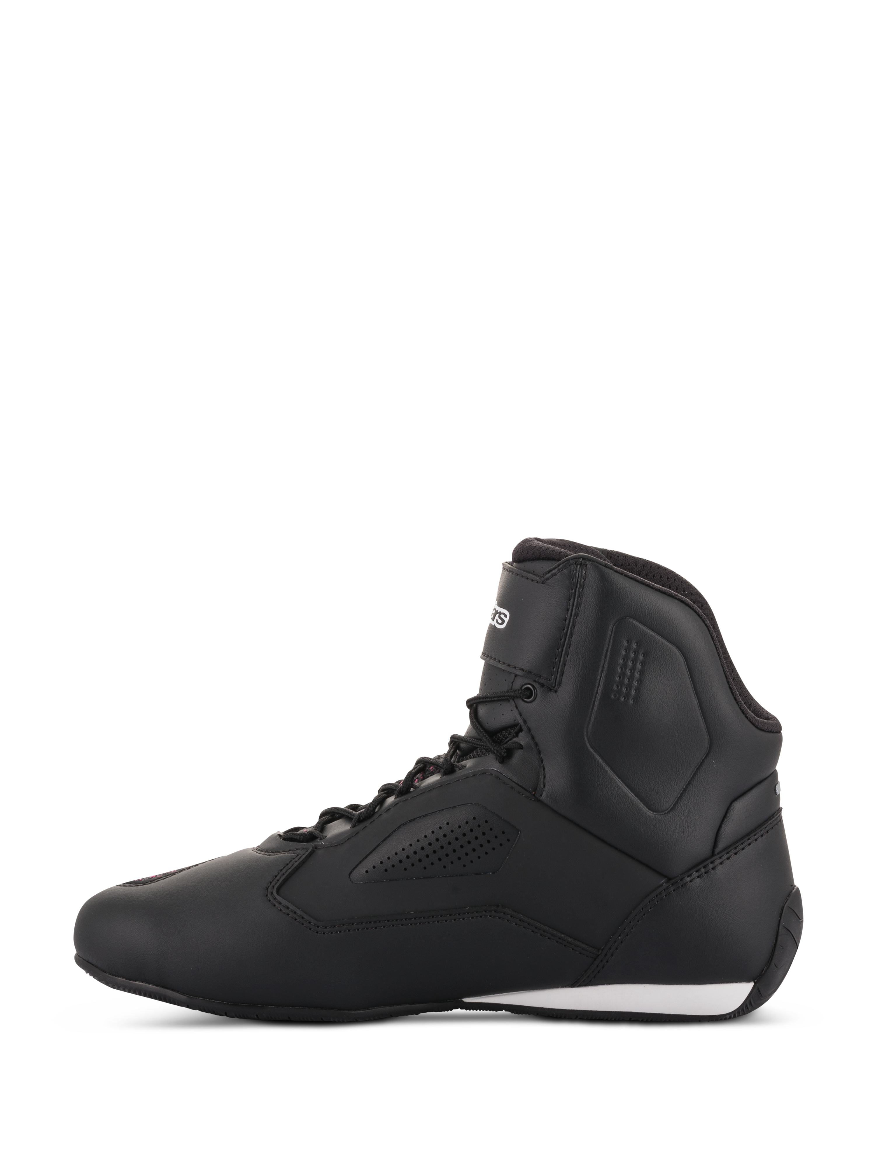 Zapatillas Alpinestars Stella Faster-3 Rideknit® para mujer, calzado de conducción para moto en negro, amarillo y rosa, vista de perfil lateral, con un diseño estilizado de caña alta con paneles perforados y un detalle blanco en el talón.