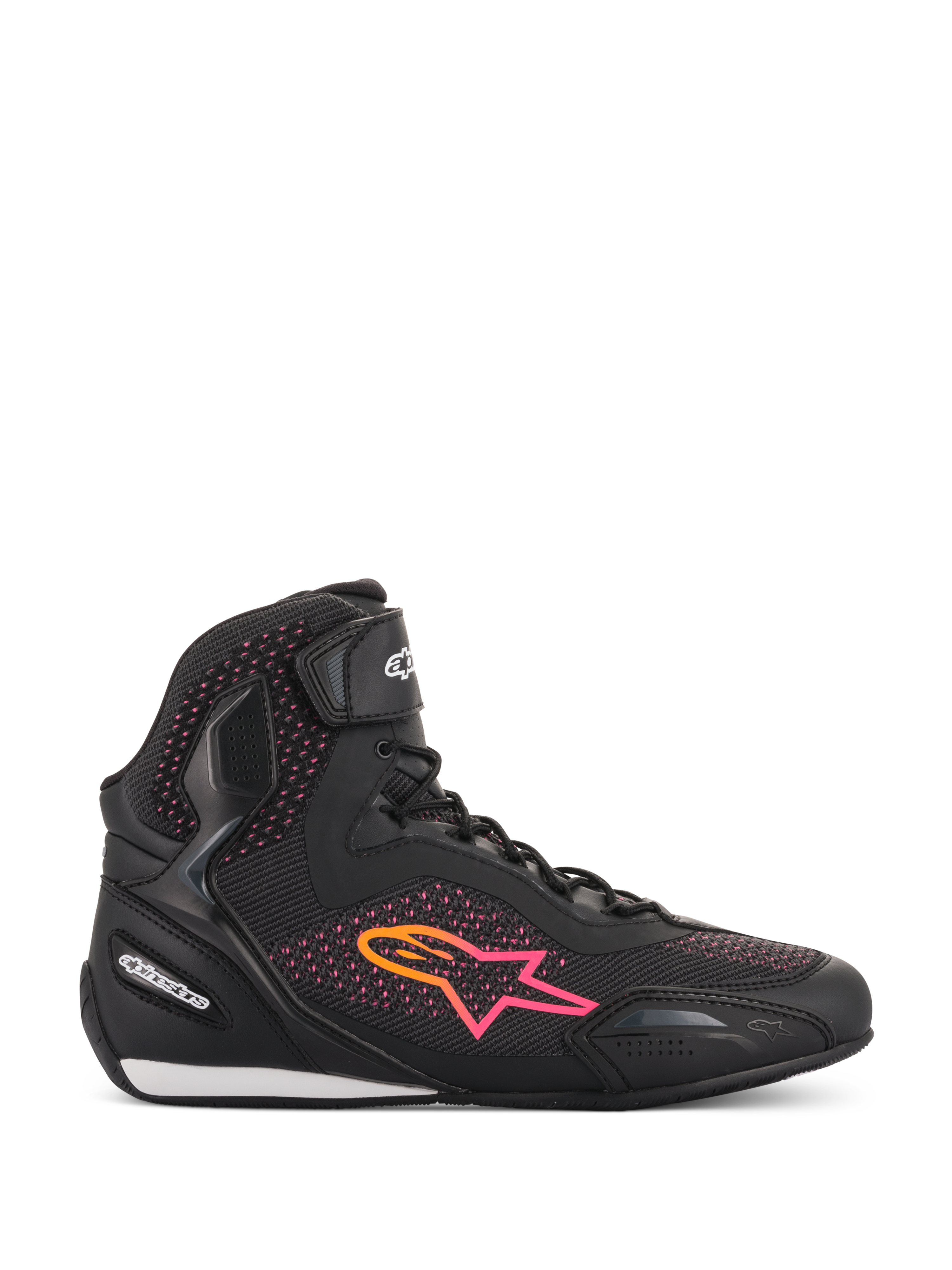 Alpinestars Stella Faster-3 Rideknit® para mujer, zapatos de moto, negro, amarillo y rosa, perfil de vista lateral con parte superior tejida transpirable, logotipo de estrella con degradado vibrante y correa de velcro en el tobillo.