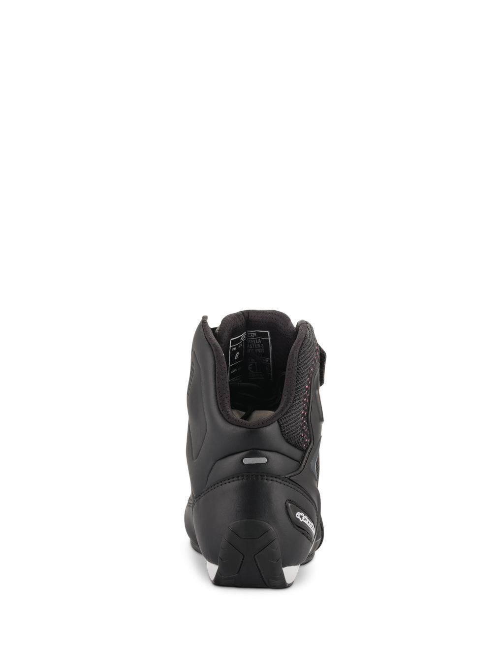 Zapatos Alpinestars Stella Faster-3 Rideknit® para mujer, negros con detalles en rosa, vista posterior que muestra la protección del talón y la tira reflectante, calzado de motociclismo de caña alta con material de punto transpirable