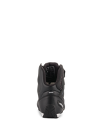 Zapatos Alpinestars Stella Faster-3 Rideknit® para mujer, negros con detalles en rosa, vista posterior que muestra la protección del talón y la tira reflectante, calzado de motociclismo de caña alta con material de punto transpirable