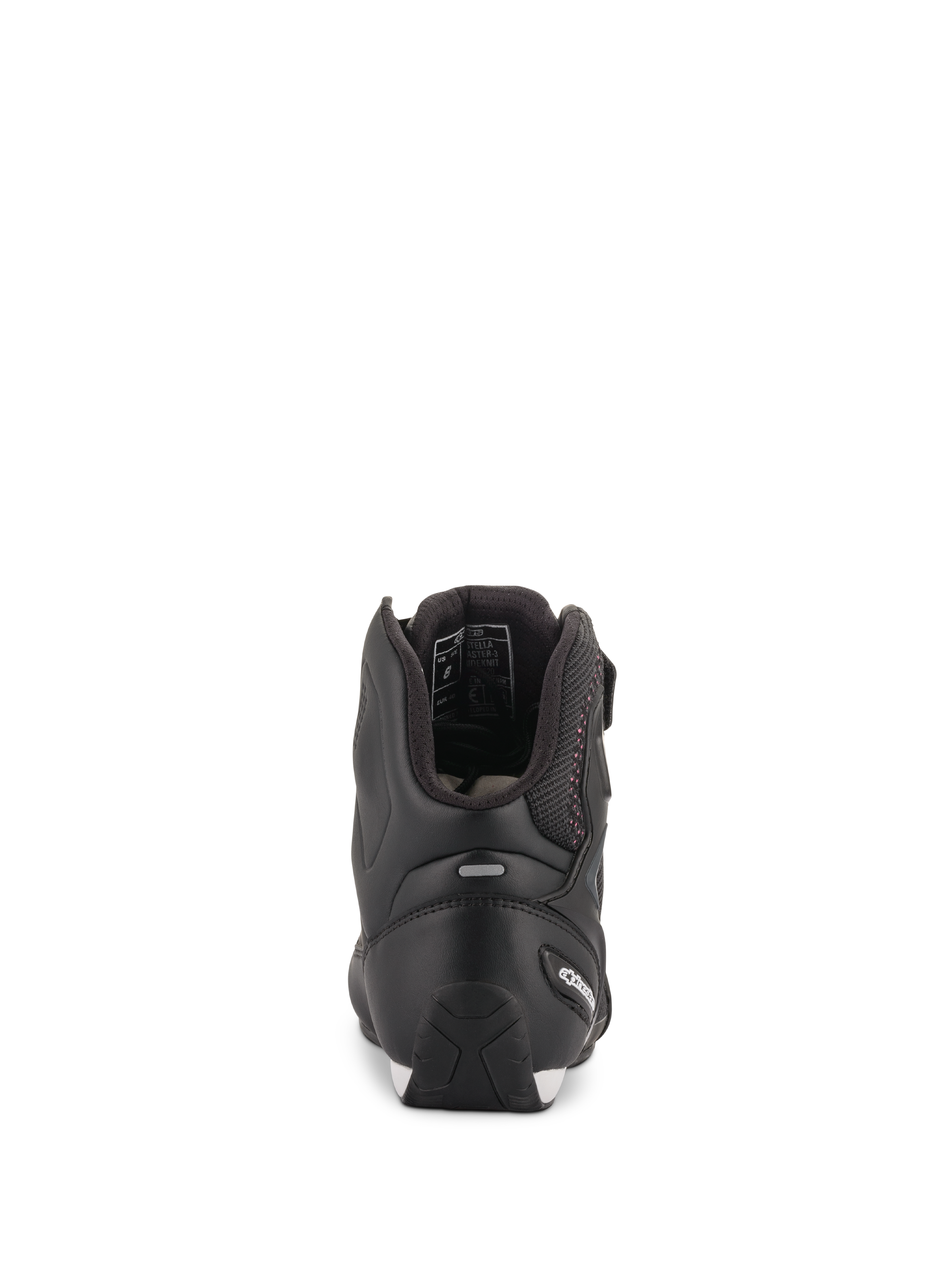 Zapatos Alpinestars Stella Faster-3 Rideknit® para mujer, negros con detalles en rosa, vista posterior que muestra la protección del talón y la tira reflectante, calzado de motociclismo de caña alta con material de punto transpirable