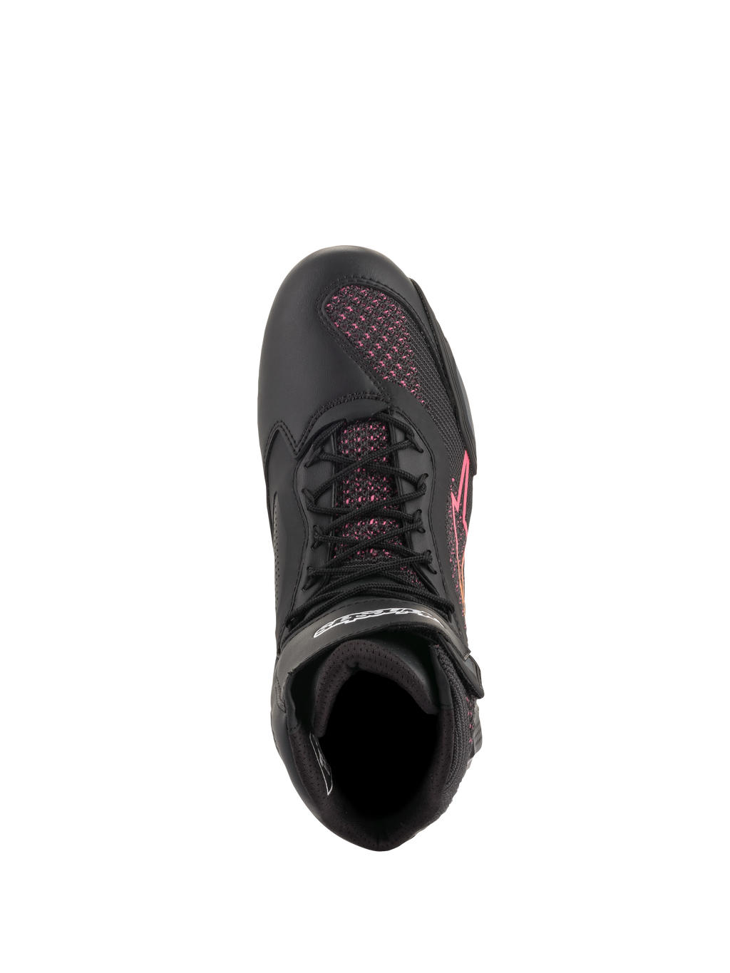 Alpinestars Stella Faster-3 Rideknit® para mujer, zapatillas de moto, negro, amarillo y rosa, vista superior resaltando los cordones negros y los paneles de malla tejida rosa, calzado deportivo ligero y transpirable