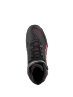 Alpinestars Stella Faster-3 Rideknit® para mujer, zapatillas de moto, negro, amarillo y rosa, vista superior resaltando los cordones negros y los paneles de malla tejida rosa, calzado deportivo ligero y transpirable