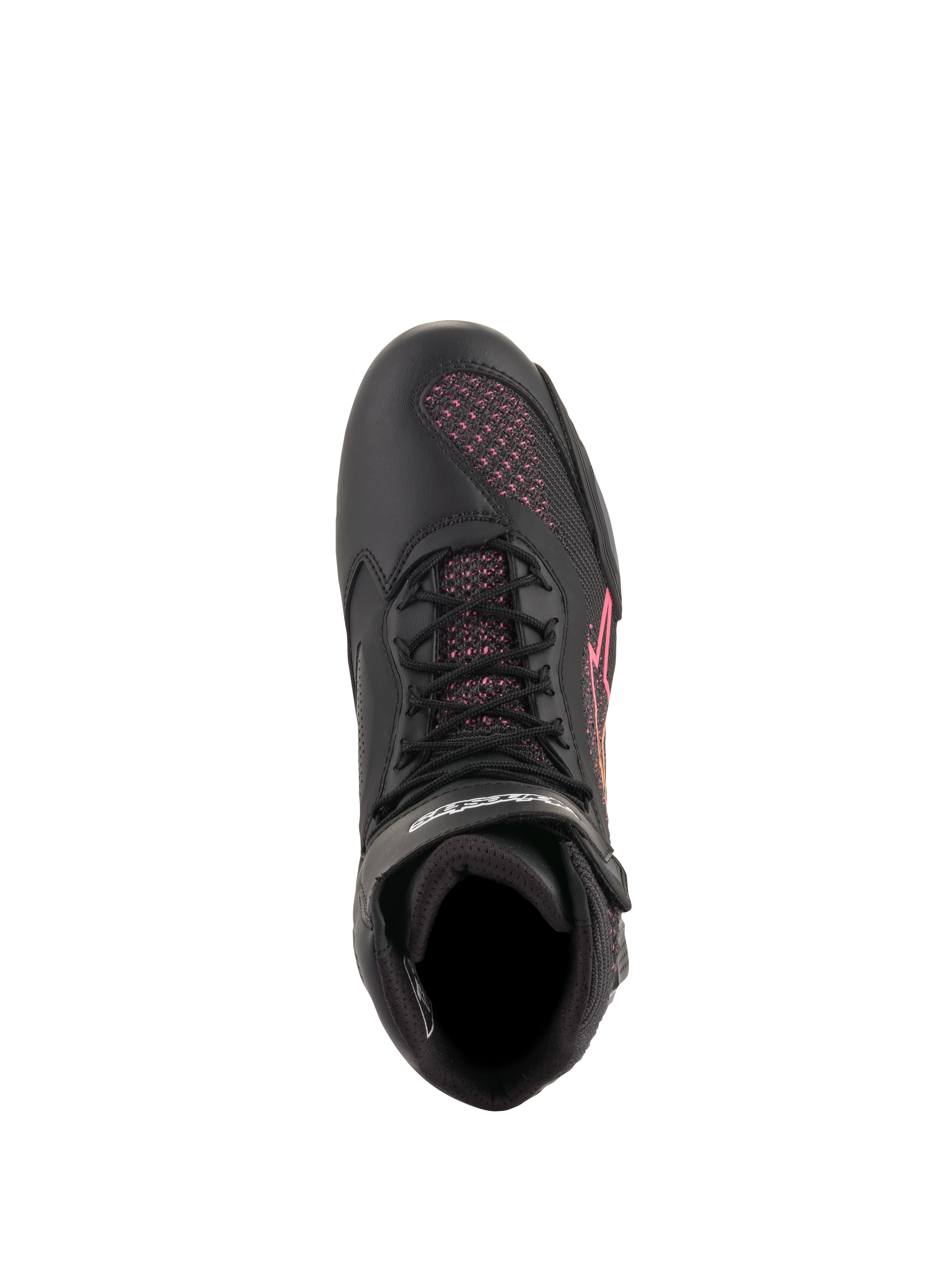 Alpinestars Stella Faster-3 Rideknit® para mujer, zapatillas de moto, negro, amarillo y rosa, vista superior resaltando los cordones negros y los paneles de malla tejida rosa, calzado deportivo ligero y transpirable