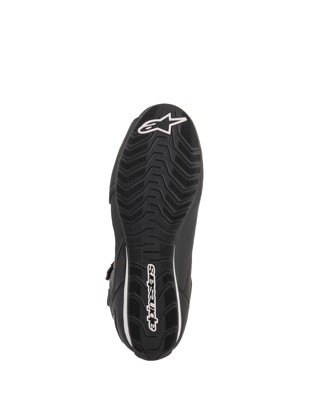 Zapatillas Alpinestars Stella Faster-3 Rideknit® para mujer, Negro Amarillo Rosa, vista de la suela de goma negra con relieve ondulado, logotipo y nombre de Alpinestars en blanco, diseño duradero para conducción en carretera