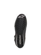 Zapatillas Alpinestars Stella Faster-3 Rideknit® para mujer, Negro Amarillo Rosa, vista de la suela de goma negra con relieve ondulado, logotipo y nombre de Alpinestars en blanco, diseño duradero para conducción en carretera