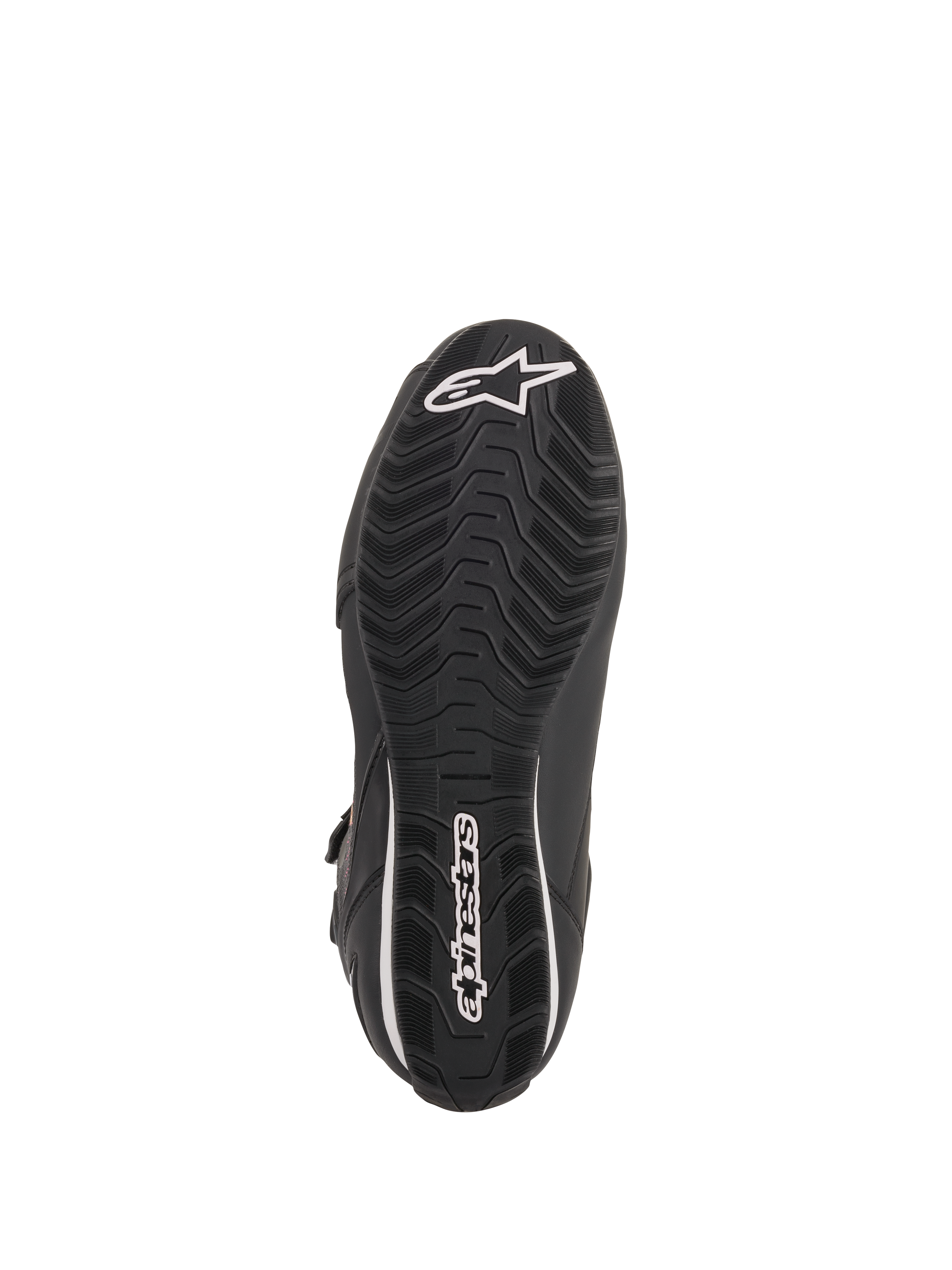 Zapatillas Alpinestars Stella Faster-3 Rideknit® para mujer, Negro Amarillo Rosa, vista de la suela de goma negra con relieve ondulado, logotipo y nombre de Alpinestars en blanco, diseño duradero para conducción en carretera