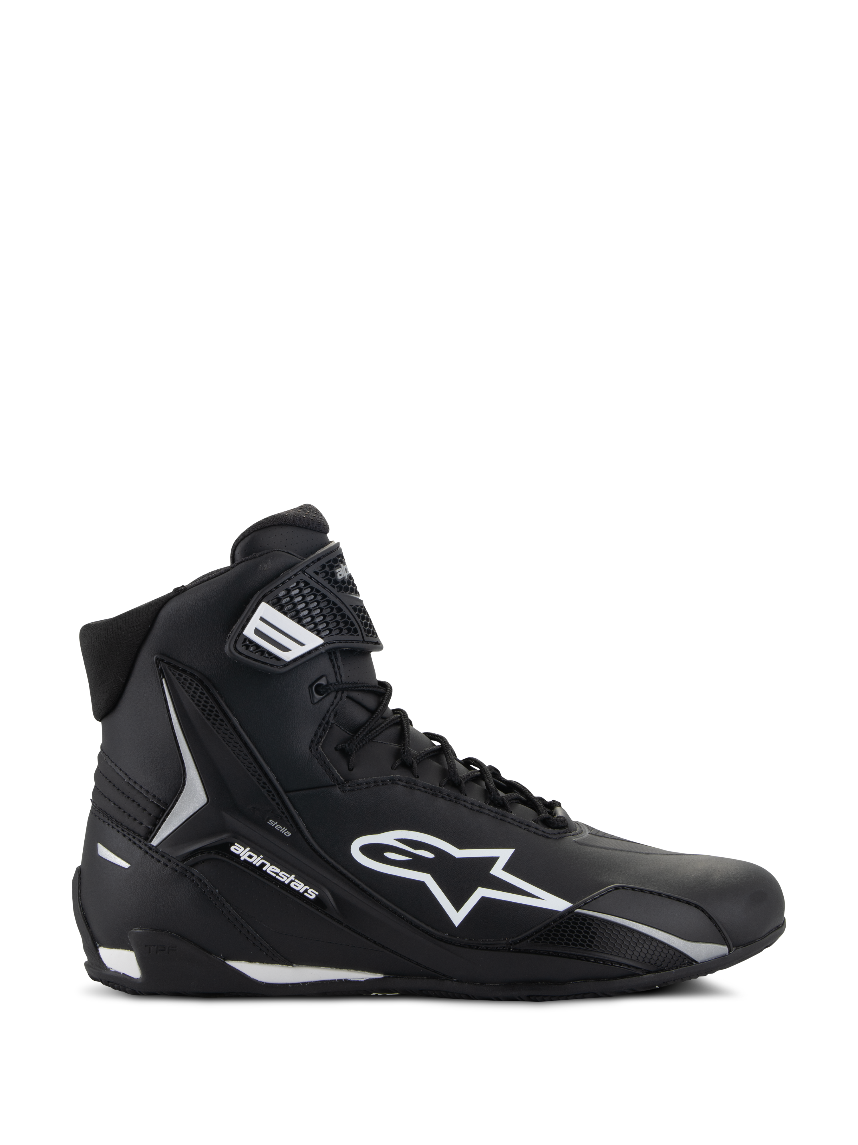 Zapatillas Alpinestars Stella Faster-4, calzado de motociclismo para mujer, negro y blanco, diseño de caña alta con logotipo de Astars y correa en el tobillo, vista de perfil lateral