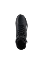 Alpinestars Stella Faster-4 Shoes, Women's Riding Shoes, Black, top-down view, featuring black laces, white Alpinestars star logo, and adjustable ankle strap, sleek microfiber design for road and sport riding