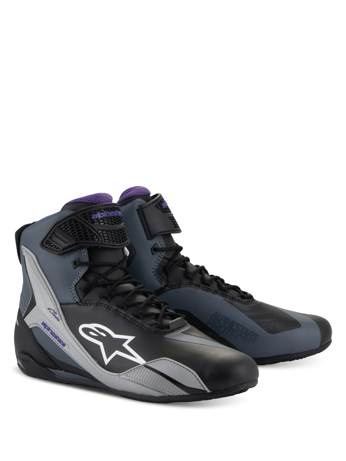 Alpinestars Stella Faster-4, zapatos de moto para mujer, negros, grises y violetas, diseño técnico de caña alta con cordones y correa de ajuste, calzado para conducción en carretera.