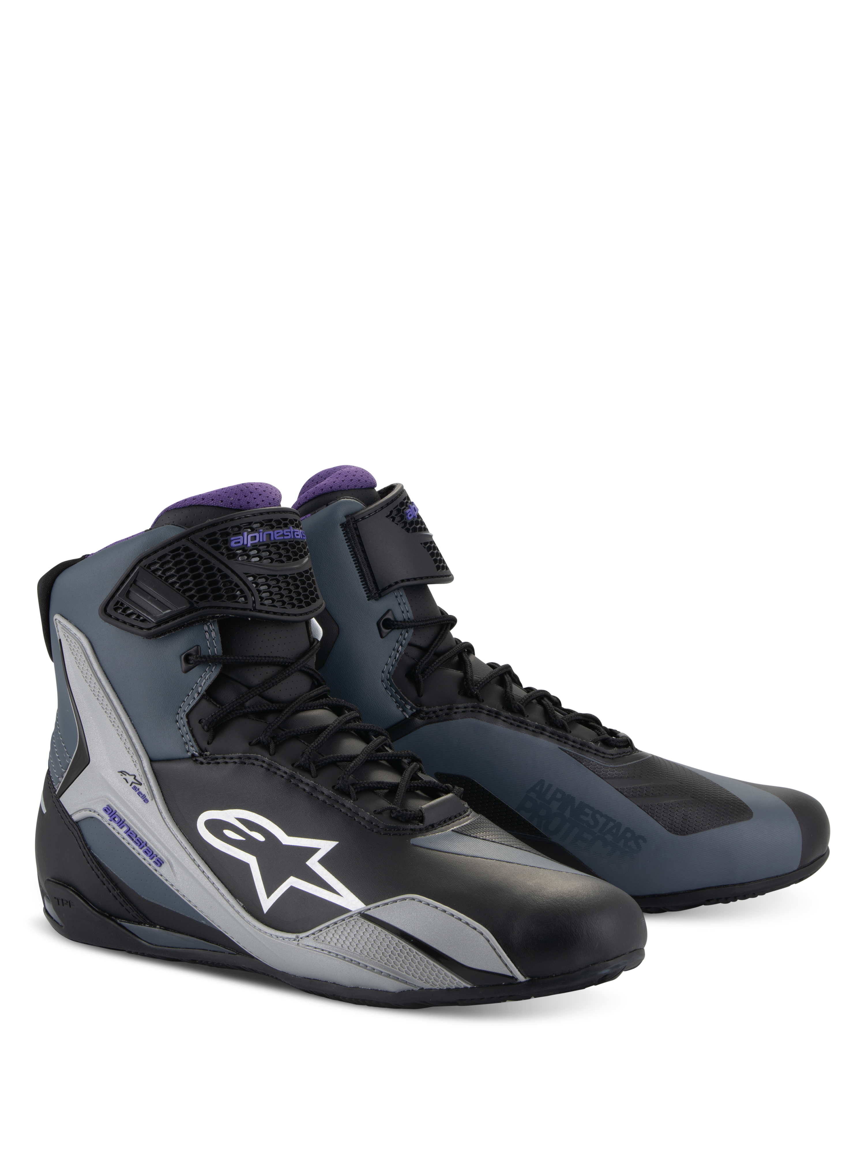 Alpinestars Stella Faster-4, zapatos de moto para mujer, negros, grises y violetas, diseño técnico de caña alta con cordones y correa de ajuste, calzado para conducción en carretera.