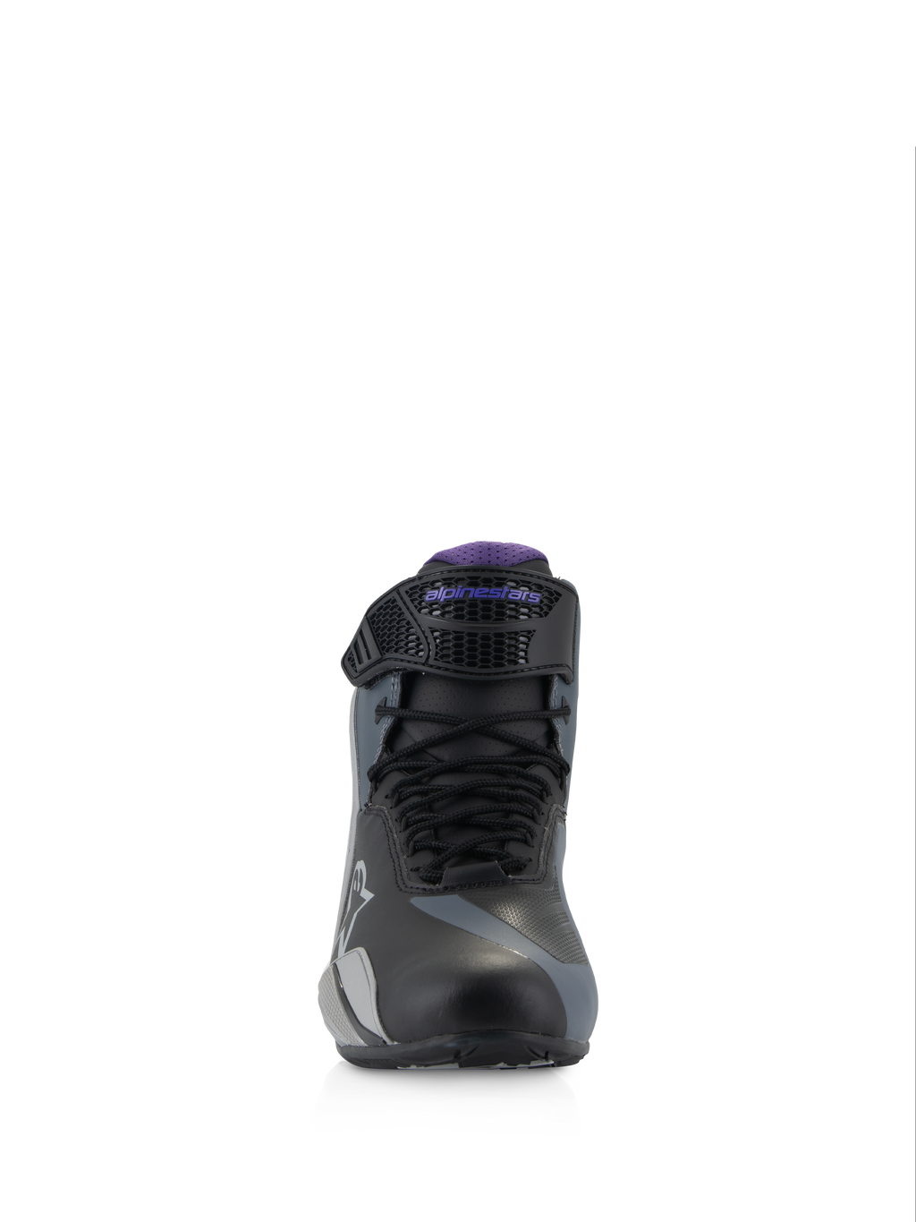 Alpinestars Stella Faster-4, zapatos de moto para mujer negros, grises y violetas, vista frontal con cordones y correa.
