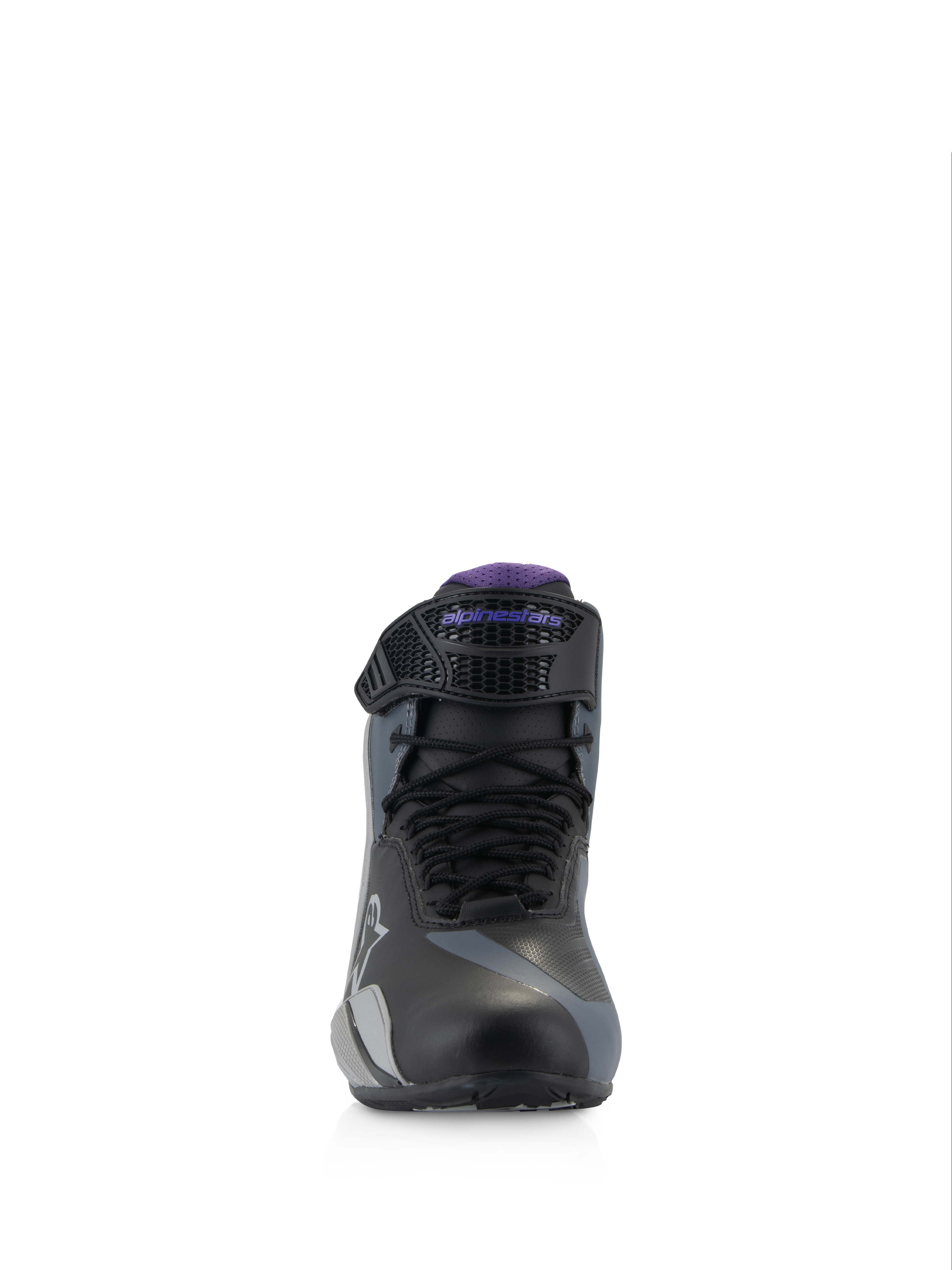 Alpinestars Stella Faster-4, zapatos de moto para mujer negros, grises y violetas, vista frontal con cordones y correa.