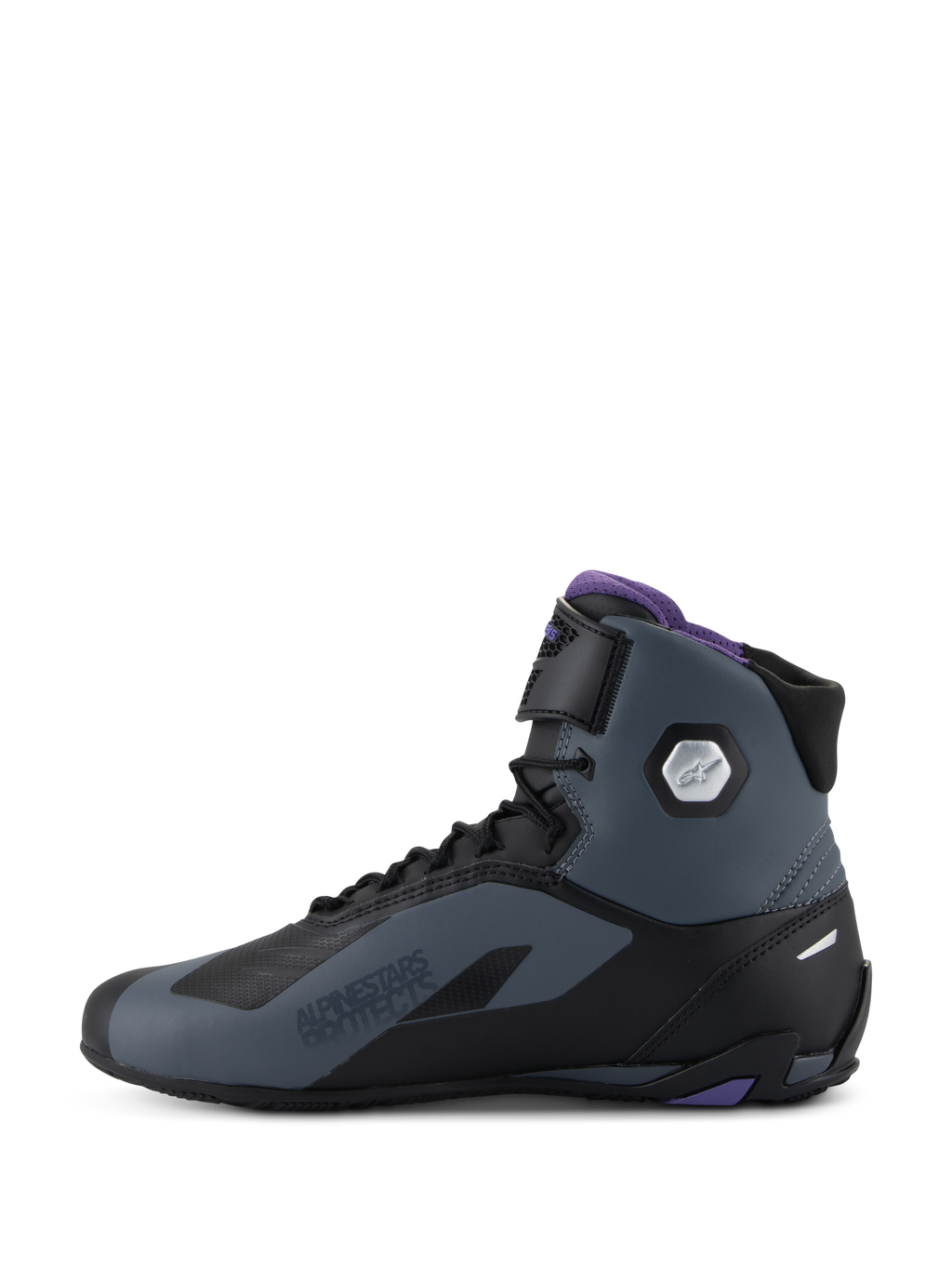 Alpinestars Stella Faster-4, zapatos de moto de caña alta para mujer, negros y grises con acentos violetas y protección de tobillo, con certificación CE.