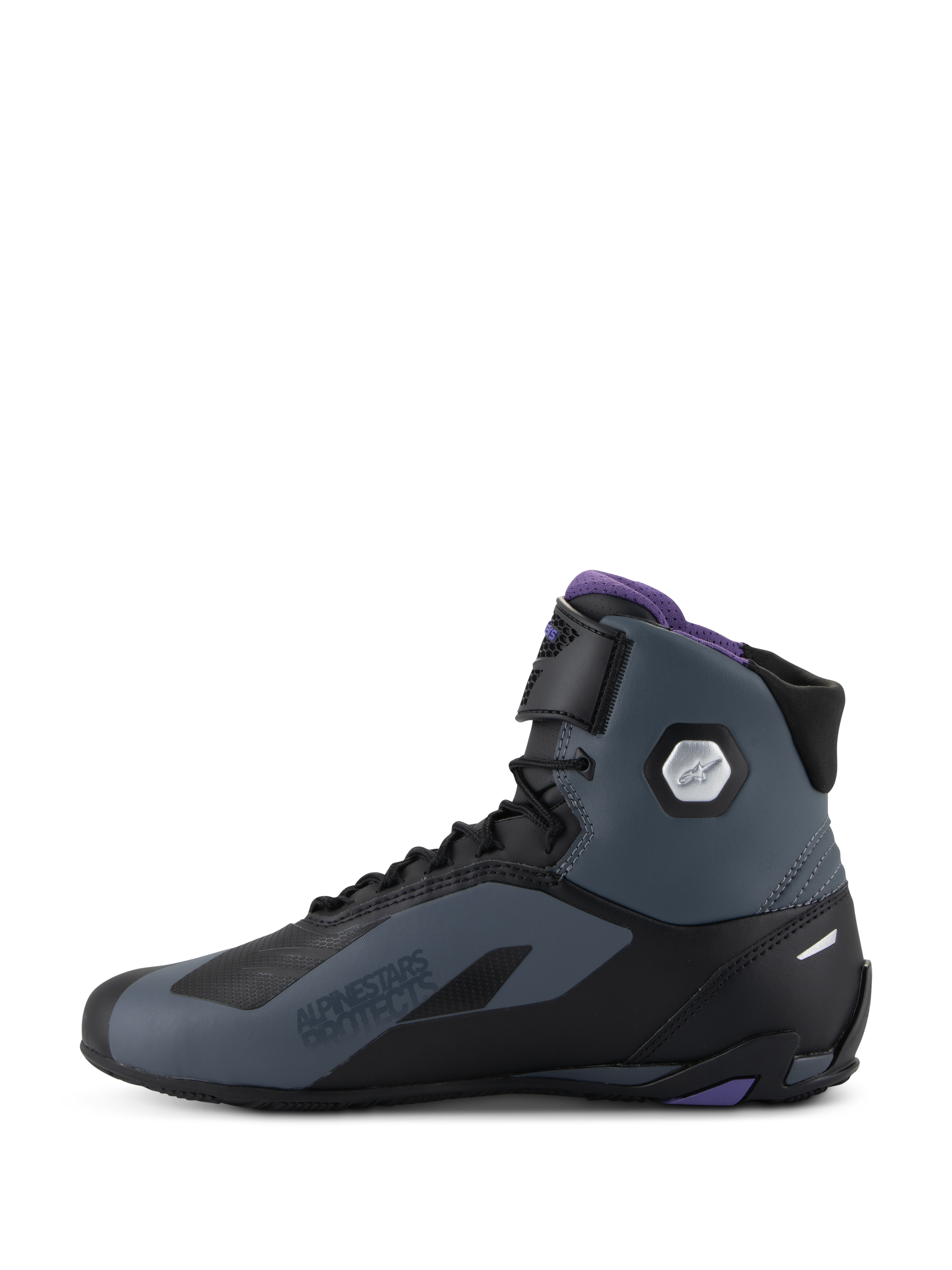 Alpinestars Stella Faster-4, zapatos de moto de caña alta para mujer, negros y grises con acentos violetas y protección de tobillo, con certificación CE.
