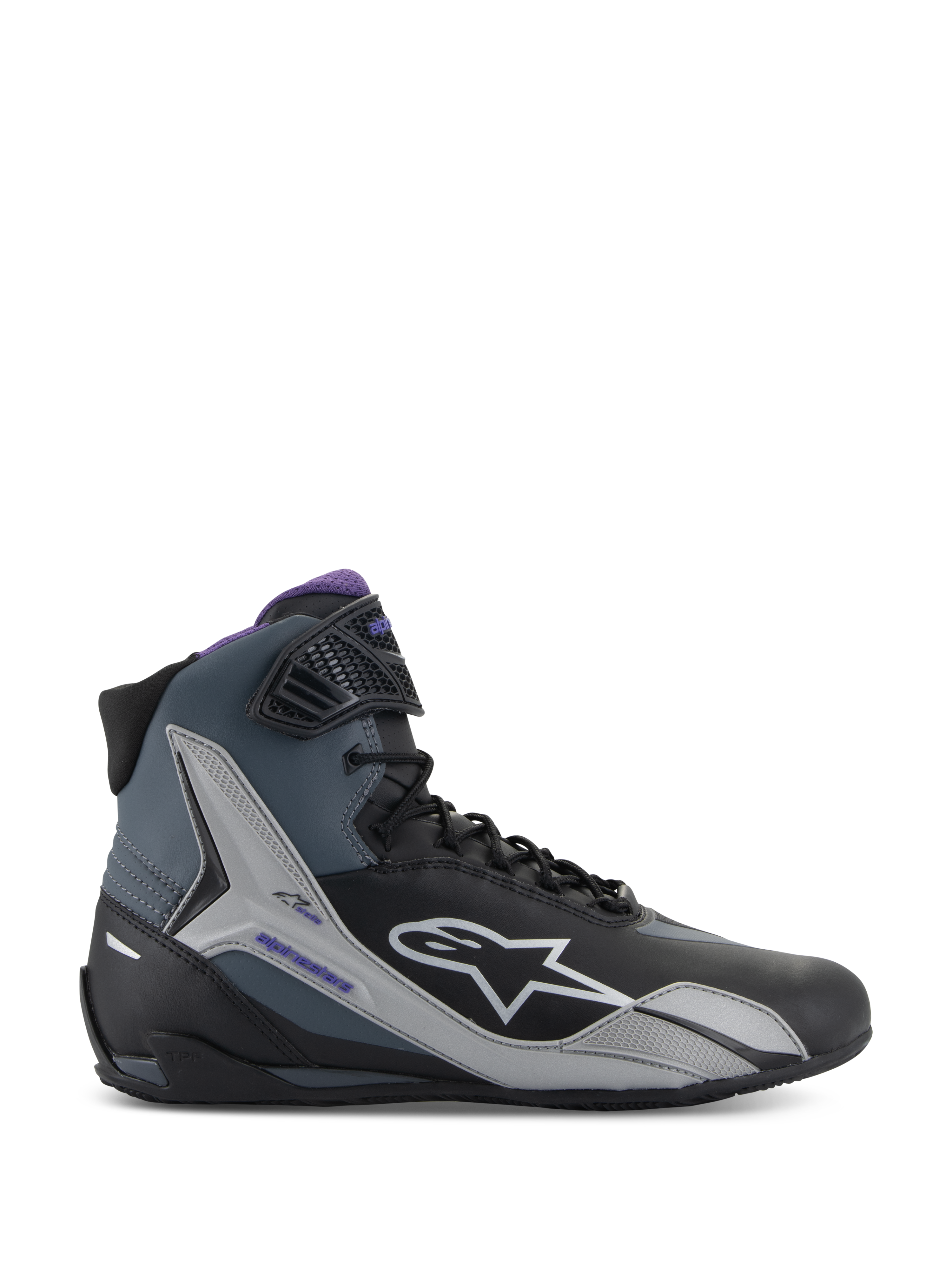 Alpinestars Stella Faster-4, zapatos de moto para mujer, negros y morados, construcción técnica de microfibra protectora.
