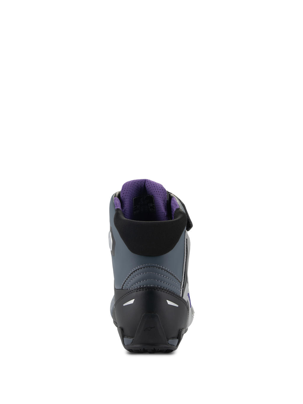 Alpinestars Stella Faster-4, zapatos de moto para mujer, negros y grises, vista trasera con forro violeta.