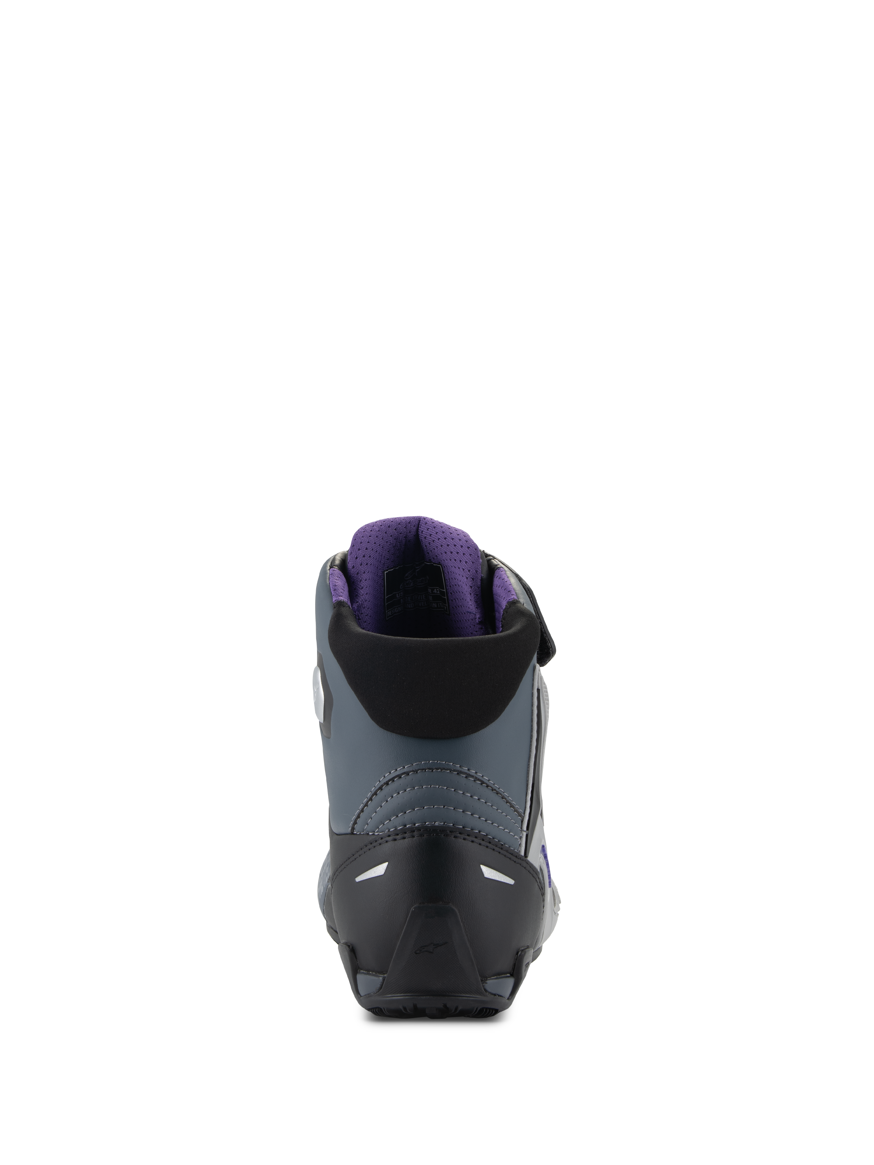 Alpinestars Stella Faster-4, zapatos de moto para mujer, negros y grises, vista trasera con forro violeta.
