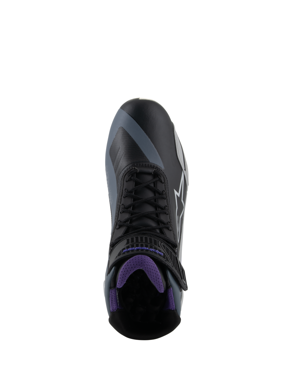 Alpinestars Stella Faster-4, zapatos de moto para mujer, negros y violetas, vista superior con cordones e interior de malla