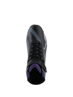 Alpinestars Stella Faster-4, zapatos de moto para mujer, negros y violetas, vista superior con cordones e interior de malla