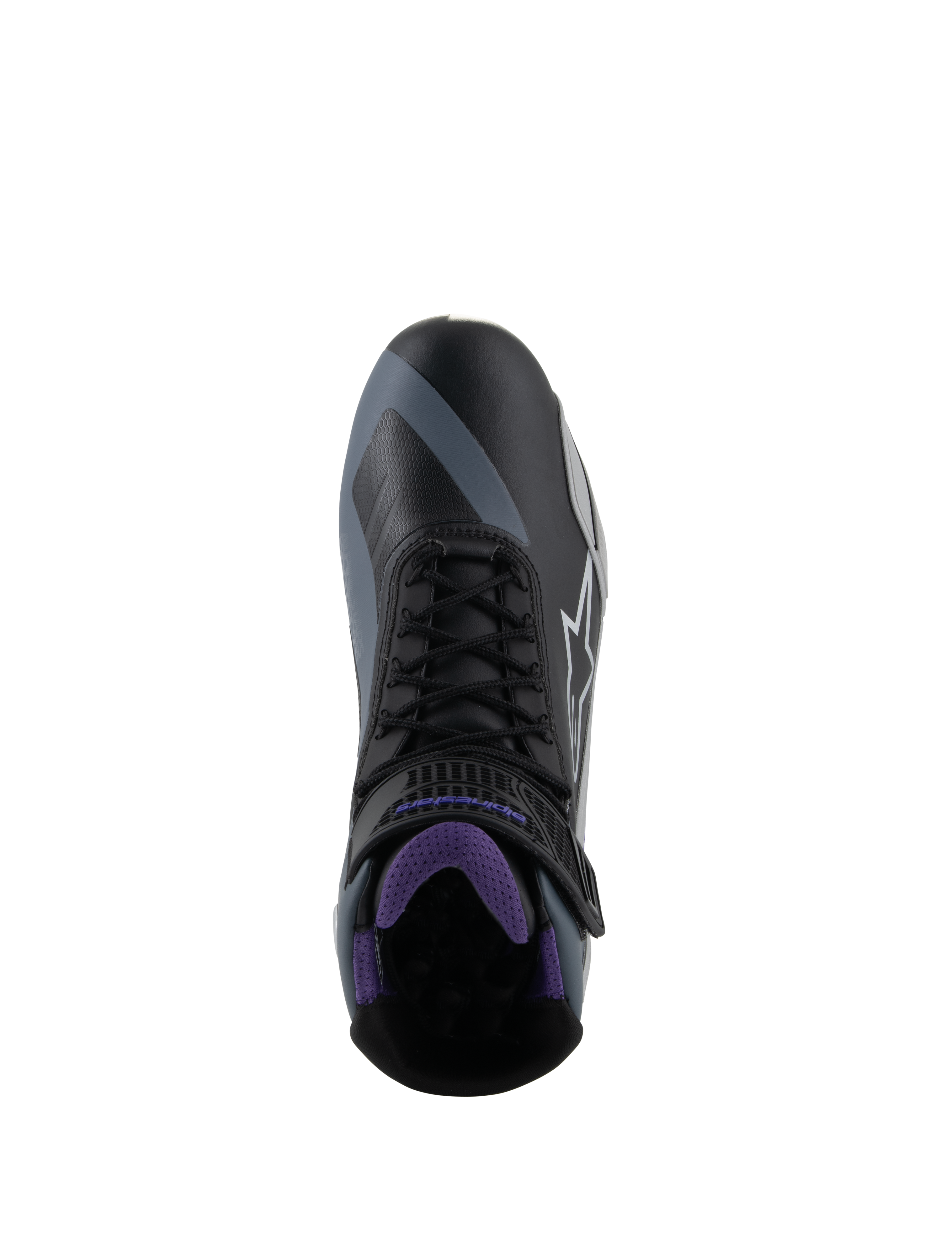 Alpinestars Stella Faster-4, zapatos de moto para mujer, negros y violetas, vista superior con cordones e interior de malla