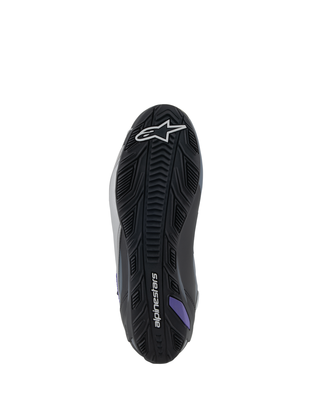 Alpinestars Stella Faster-4, zapatos de moto para mujer, suela negra, gris y violeta, agarre de caucho texturizado.