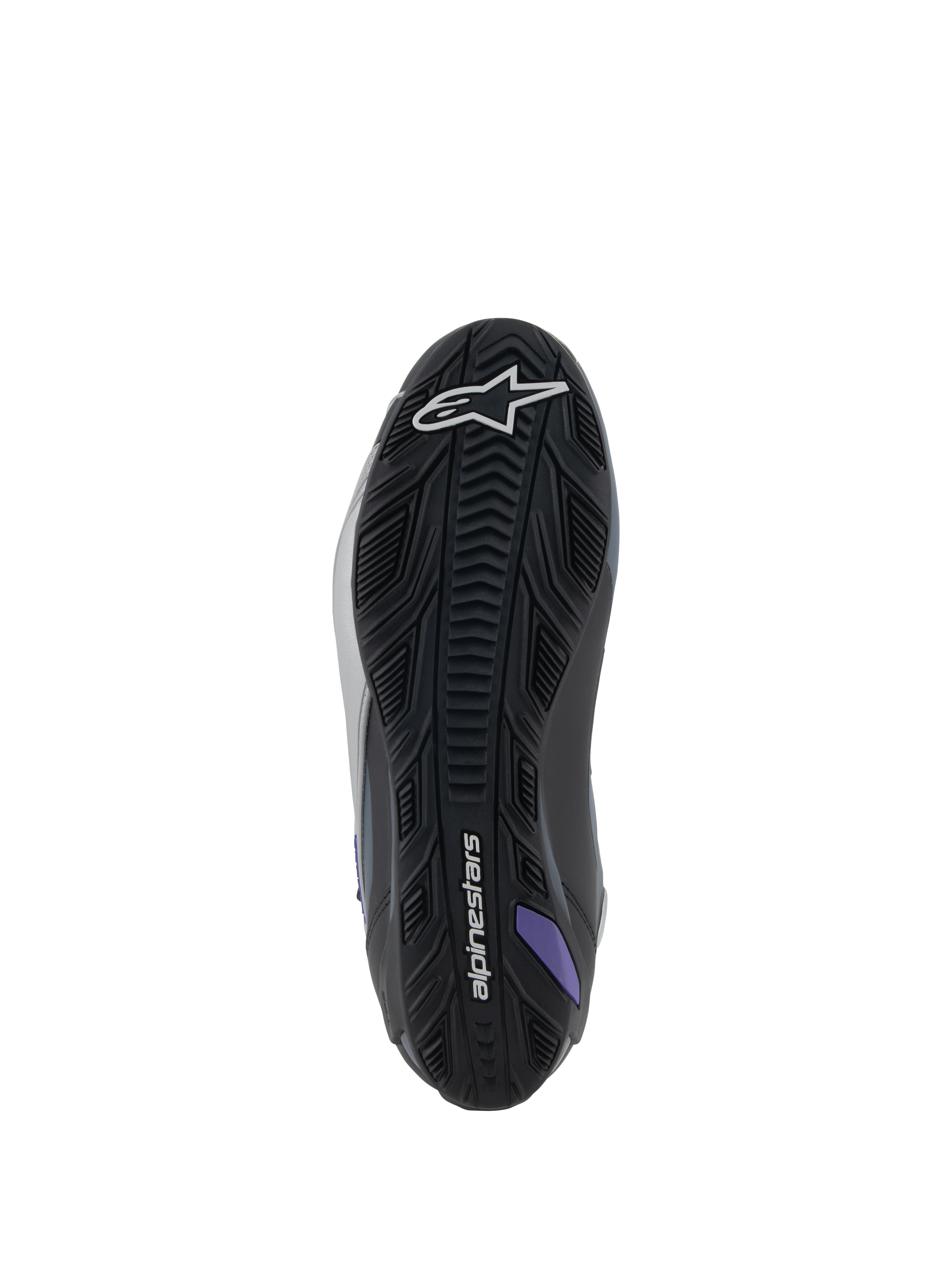 Alpinestars Stella Faster-4, zapatos de moto para mujer, suela negra, gris y violeta, agarre de caucho texturizado.