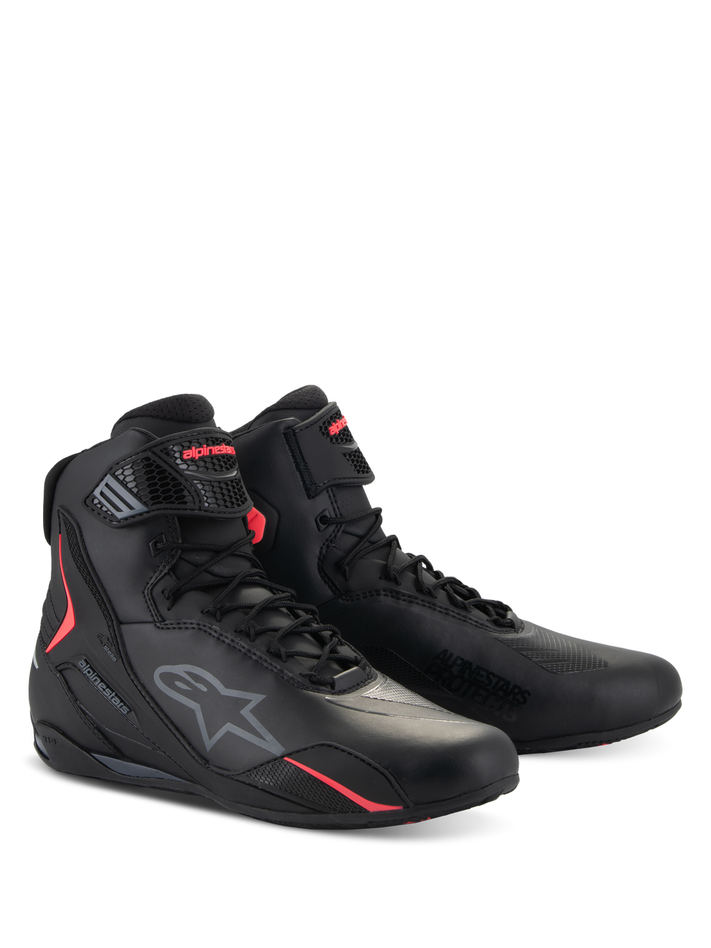 Zapatos Alpinestars Stella Faster-4, zapatos de moto para mujer, negro y rosa diva, diseño técnico de caña alta con cierre de cordones y correa ajustable, con el logo de Alpinestars y detalles en rosa vibrante, calzado protector estilizado para conducción en carretera