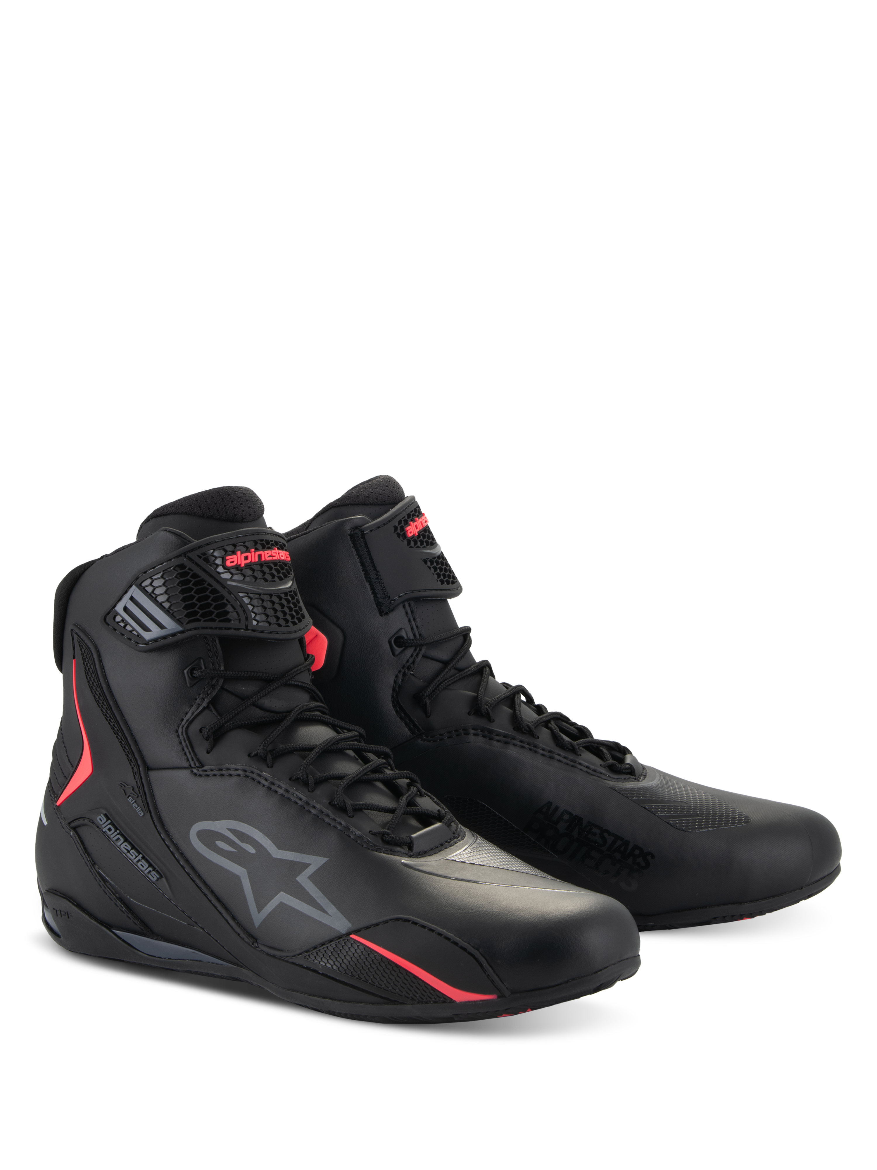 Zapatos Alpinestars Stella Faster-4, zapatos de moto para mujer, negro y rosa diva, diseño técnico de caña alta con cierre de cordones y correa ajustable, con el logo de Alpinestars y detalles en rosa vibrante, calzado protector estilizado para conducción en carretera