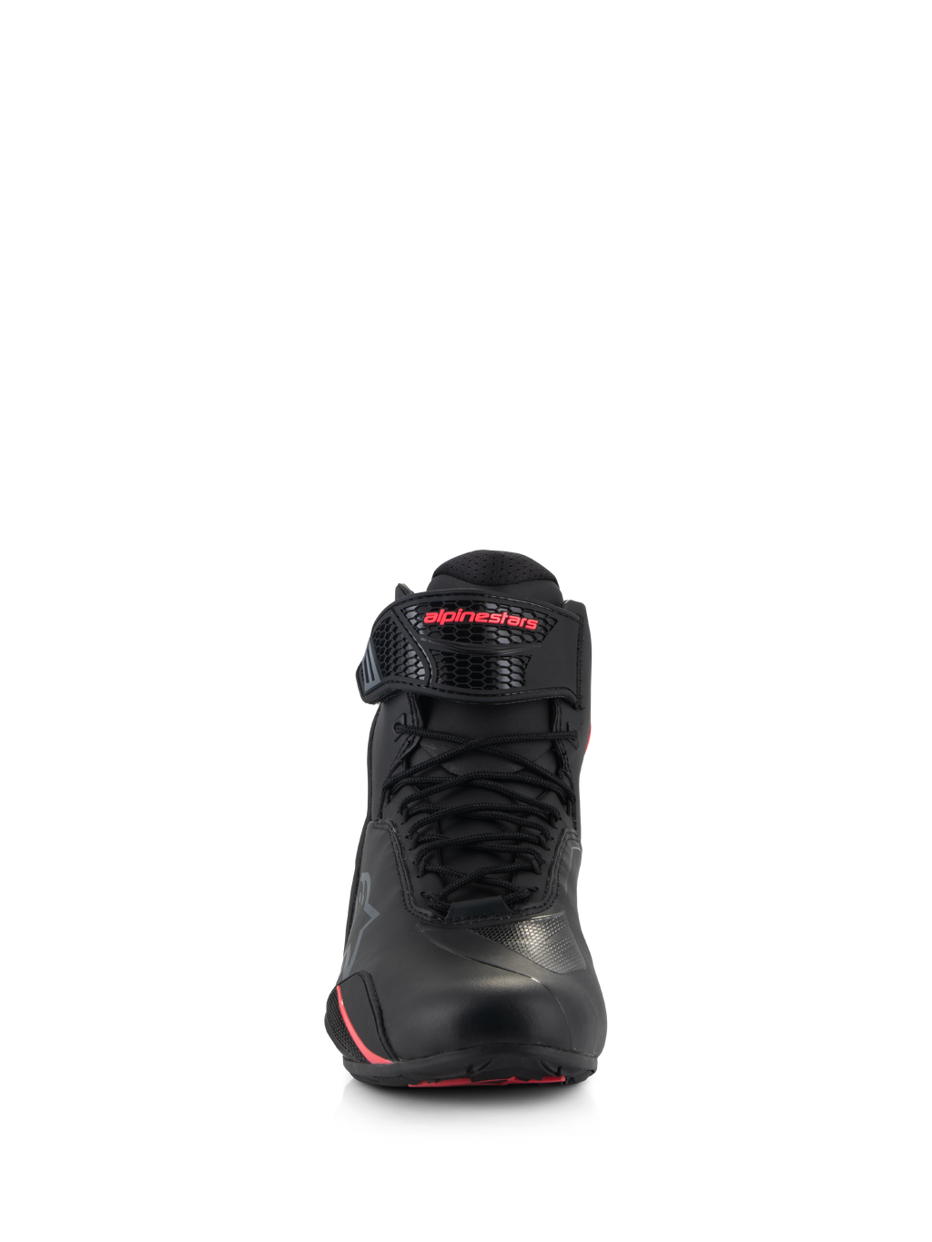 Zapatillas Alpinestars Stella Faster-4 para mujer, calzado de motociclismo, negro y rosa diva, vista frontal con cordones negros, correa ajustable en el tobillo con logotipo rosa y construcción elegante de microfibra