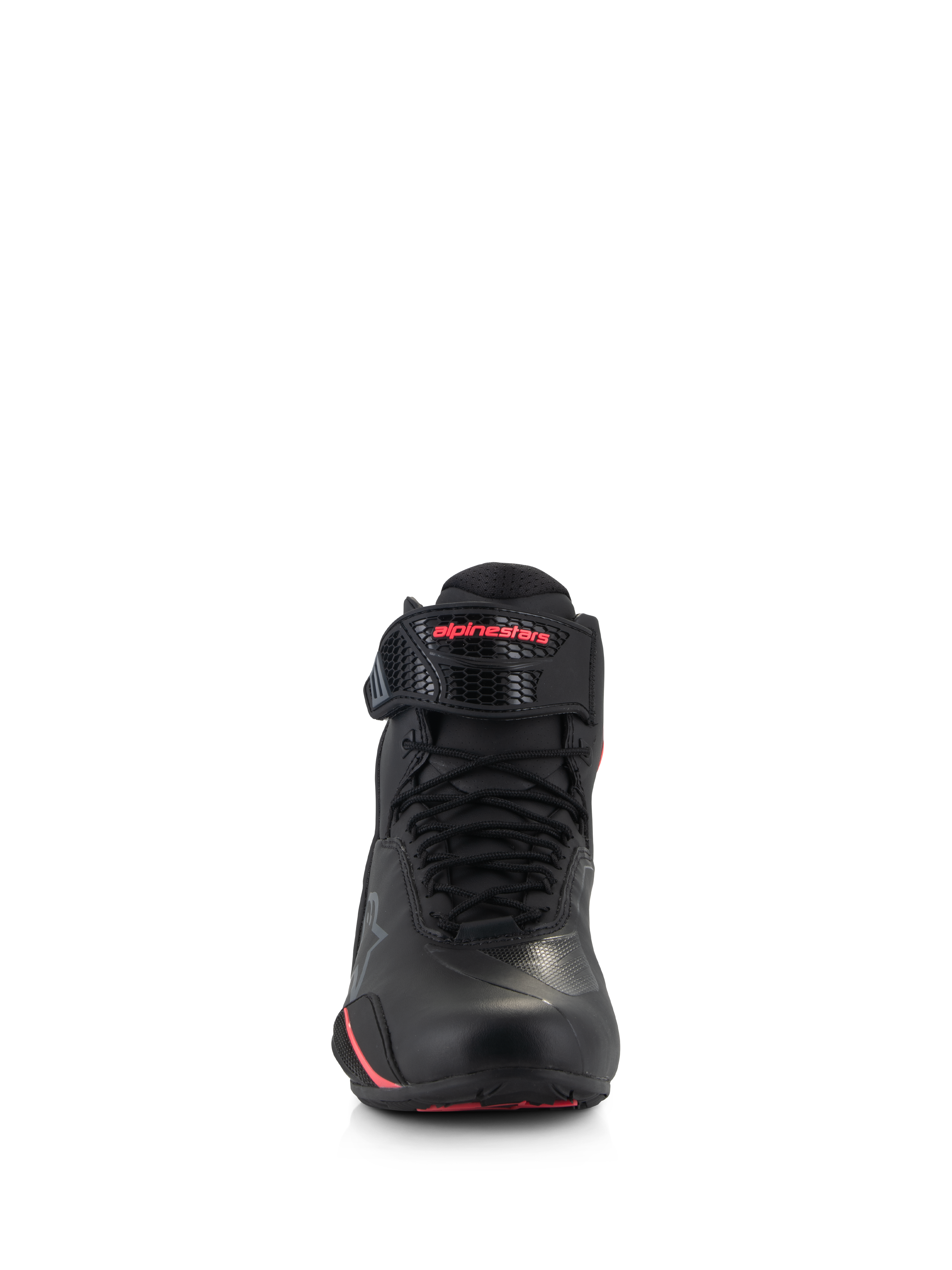 Zapatillas Alpinestars Stella Faster-4 para mujer, calzado de motociclismo, negro y rosa diva, vista frontal con cordones negros, correa ajustable en el tobillo con logotipo rosa y construcción elegante de microfibra