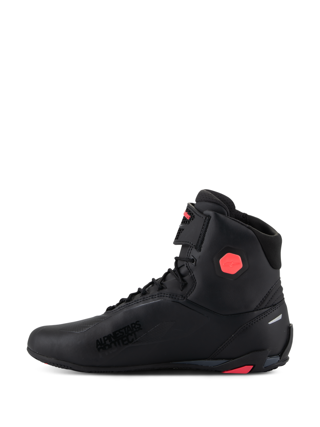 Zapatillas Alpinestars Stella Faster-4 para mujer, calzado para motociclismo, negro y rosa Diva, con parte superior de microfibra sin costuras, protector de tobillo hexagonal rosa, logotipo Alpinestars Protect y sistema integrado de cierre con cordones y correa