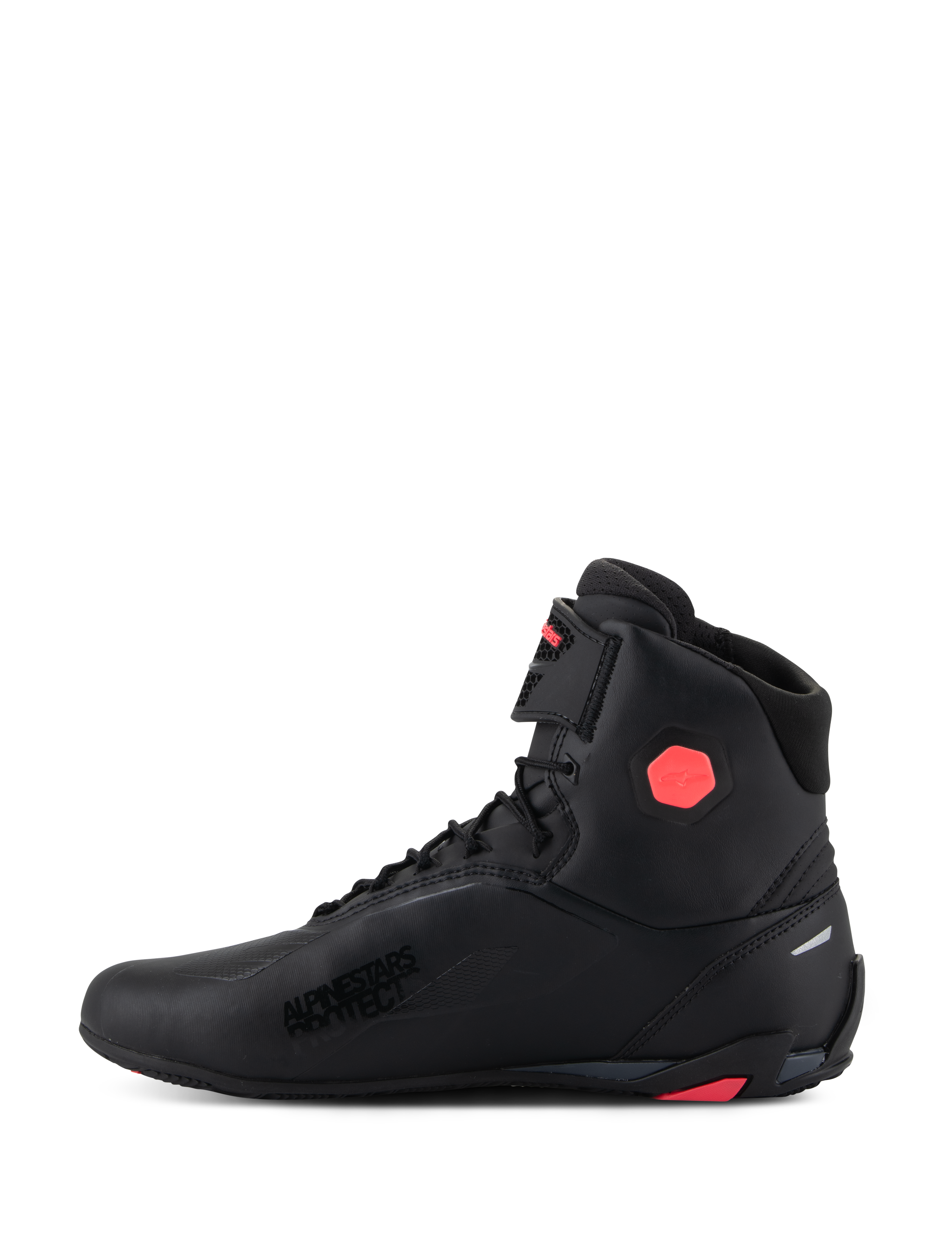 Zapatillas Alpinestars Stella Faster-4 para mujer, calzado para motociclismo, negro y rosa Diva, con parte superior de microfibra sin costuras, protector de tobillo hexagonal rosa, logotipo Alpinestars Protect y sistema integrado de cierre con cordones y correa
