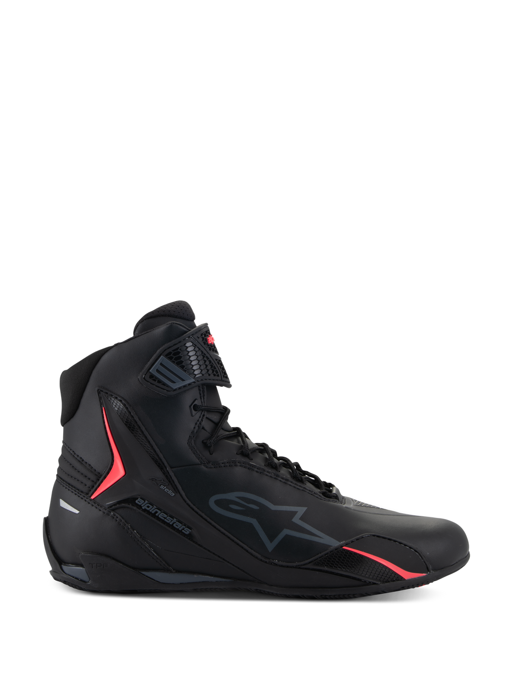 Alpinestars Stella Faster-4 Shoes, zapatillas de moto para mujer, negras con detalles en rosa Diva, vista lateral, diseño de caña alta con cordones y correa en el tobillo, calzado protector urbano deportivo