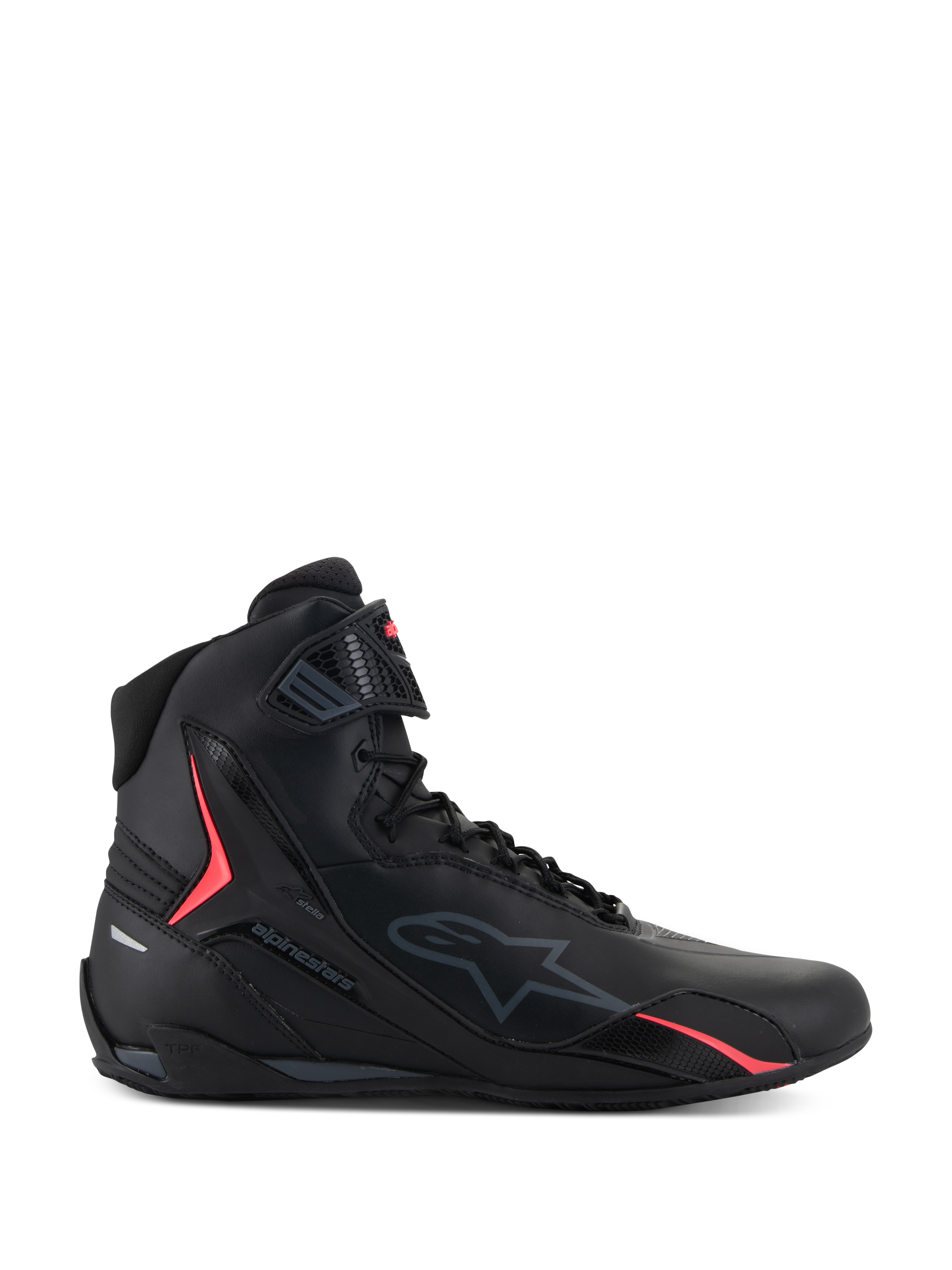 Alpinestars Stella Faster-4 Shoes, Women's Motorcycle Riding Shoes, Black with Diva Pink accents, side view, high-top design with laces and ankle strap, sporty urban protective footwear