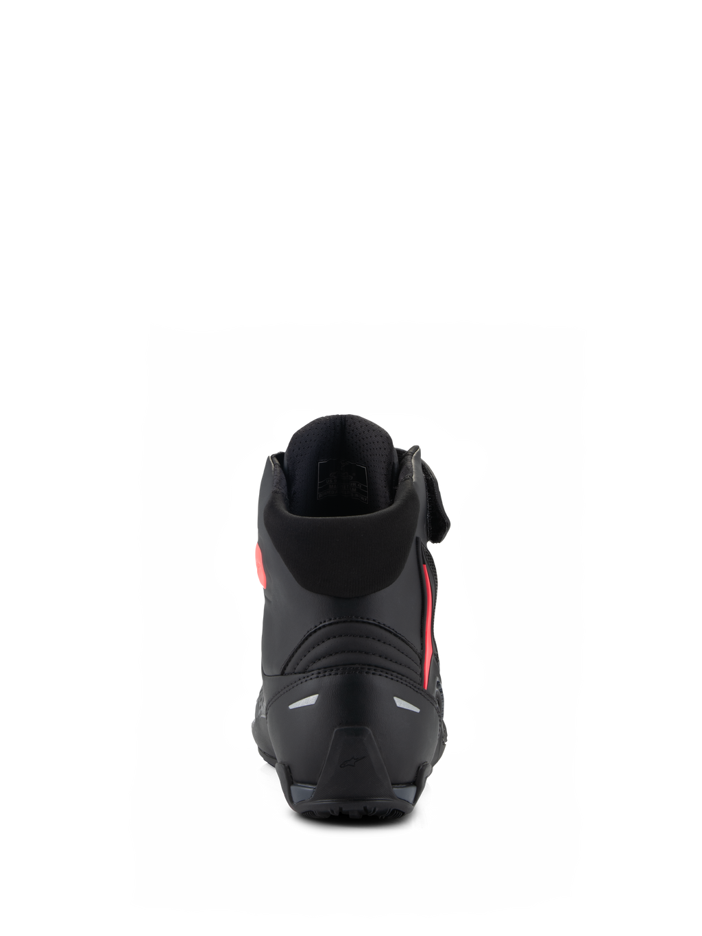 Zapatillas Alpinestars Stella Faster-4 para mujer, negro y rosa Diva, vista trasera que muestra el contrafuerte del talón reforzado, el cuello de tejido suave y el diseño ergonómico estilizado para la conducción de motocicletas de alto rendimiento