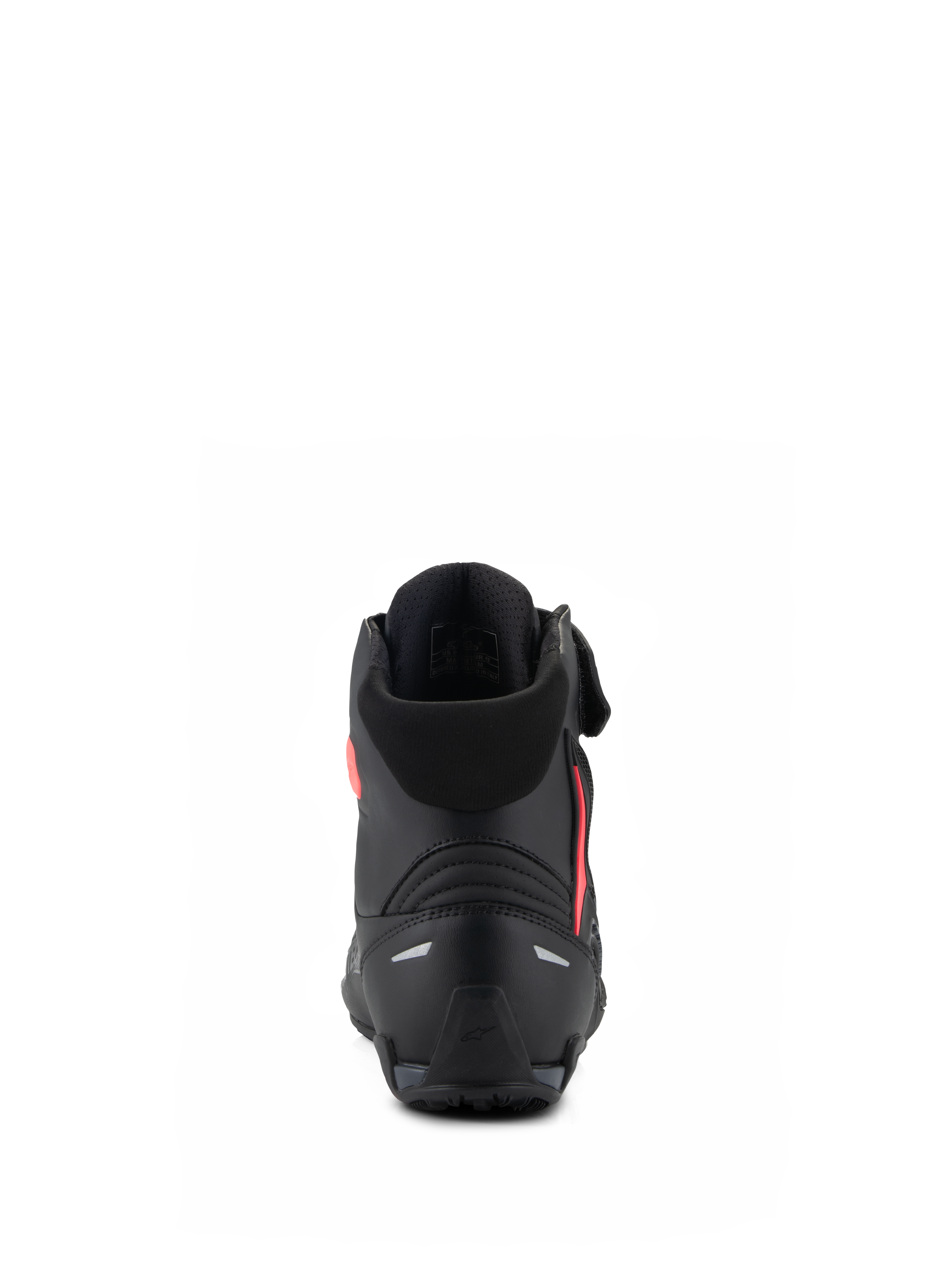 Zapatillas Alpinestars Stella Faster-4 para mujer, negro y rosa Diva, vista trasera que muestra el contrafuerte del talón reforzado, el cuello de tejido suave y el diseño ergonómico estilizado para la conducción de motocicletas de alto rendimiento