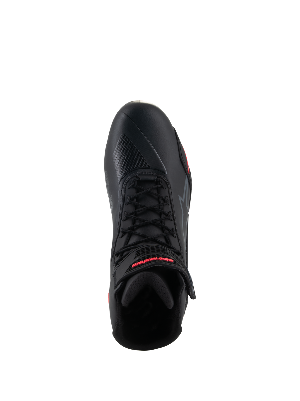 Zapatillas Alpinestars Stella Faster-4 para mujer, negro y rosa diva, vista superior de una sola zapatilla de motociclismo, con cordones negros, correa en el tobillo con marca en rojo y parte superior de microfibra elegante