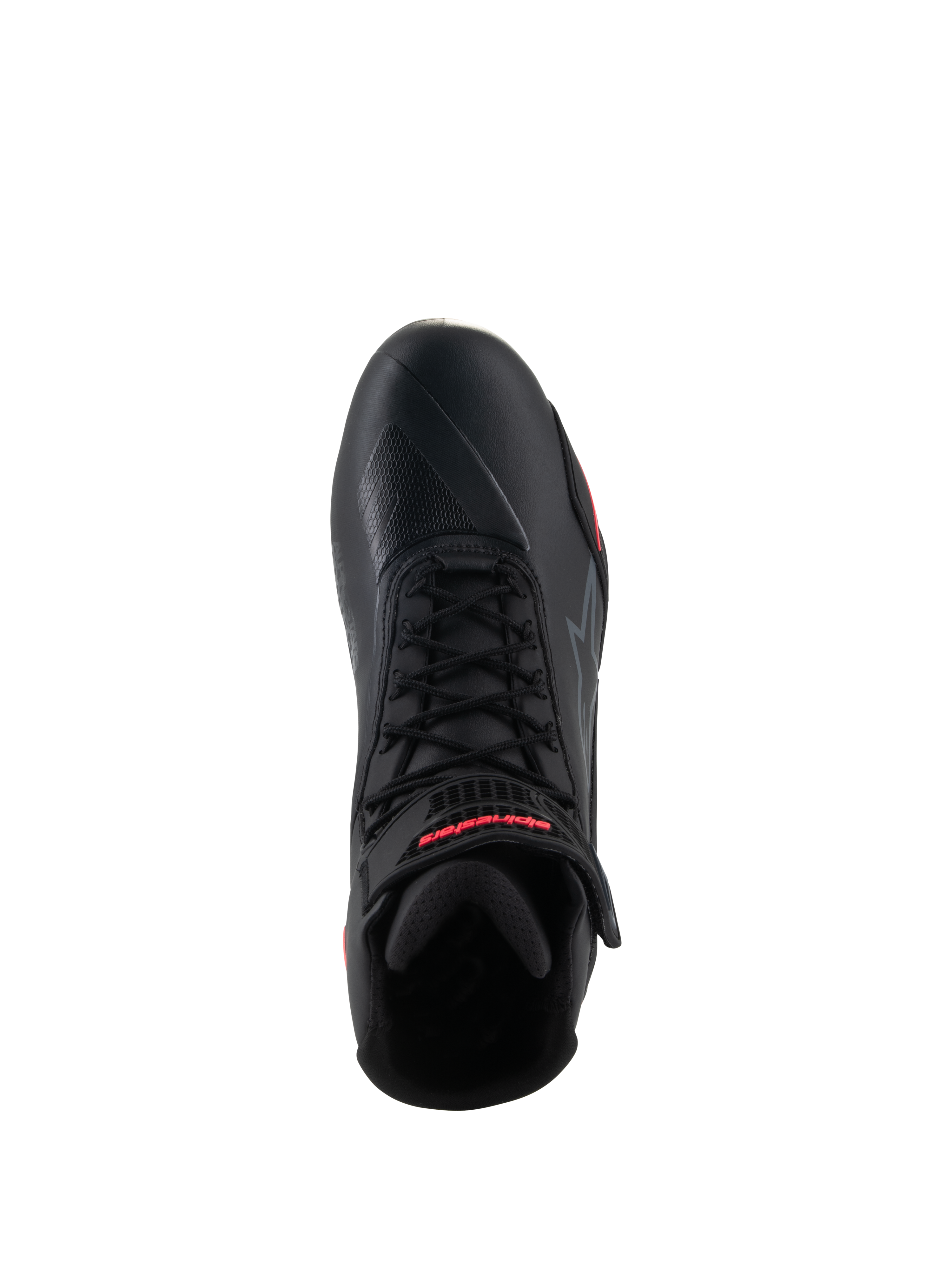 Zapatillas Alpinestars Stella Faster-4 para mujer, negro y rosa diva, vista superior de una sola zapatilla de motociclismo, con cordones negros, correa en el tobillo con marca en rojo y parte superior de microfibra elegante