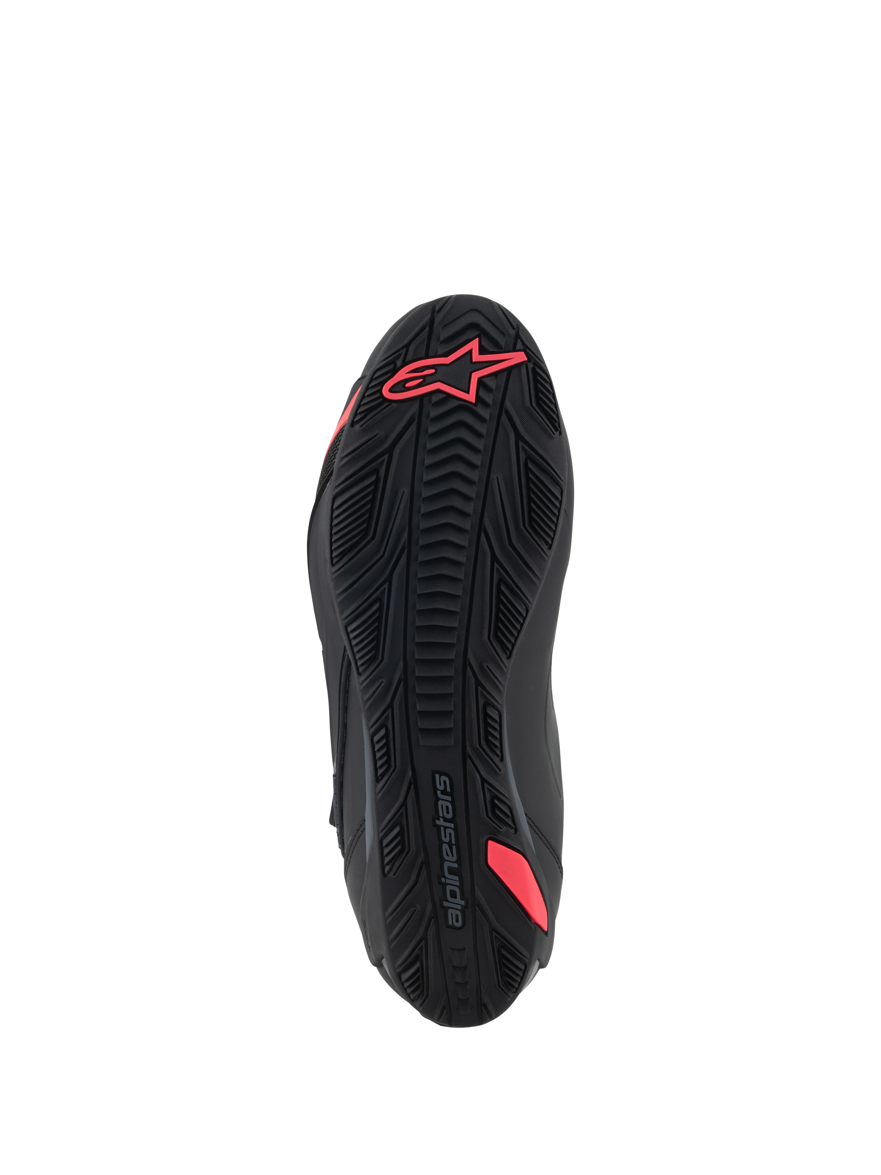 Zapatos Alpinestars Stella Faster-4, vista inferior de la suela, negro y rosa diva, con un patrón de agarre de goma texturizada, logotipo de Alpinestars en el talón y estructura integrada para soporte, suela duradera para motociclismo